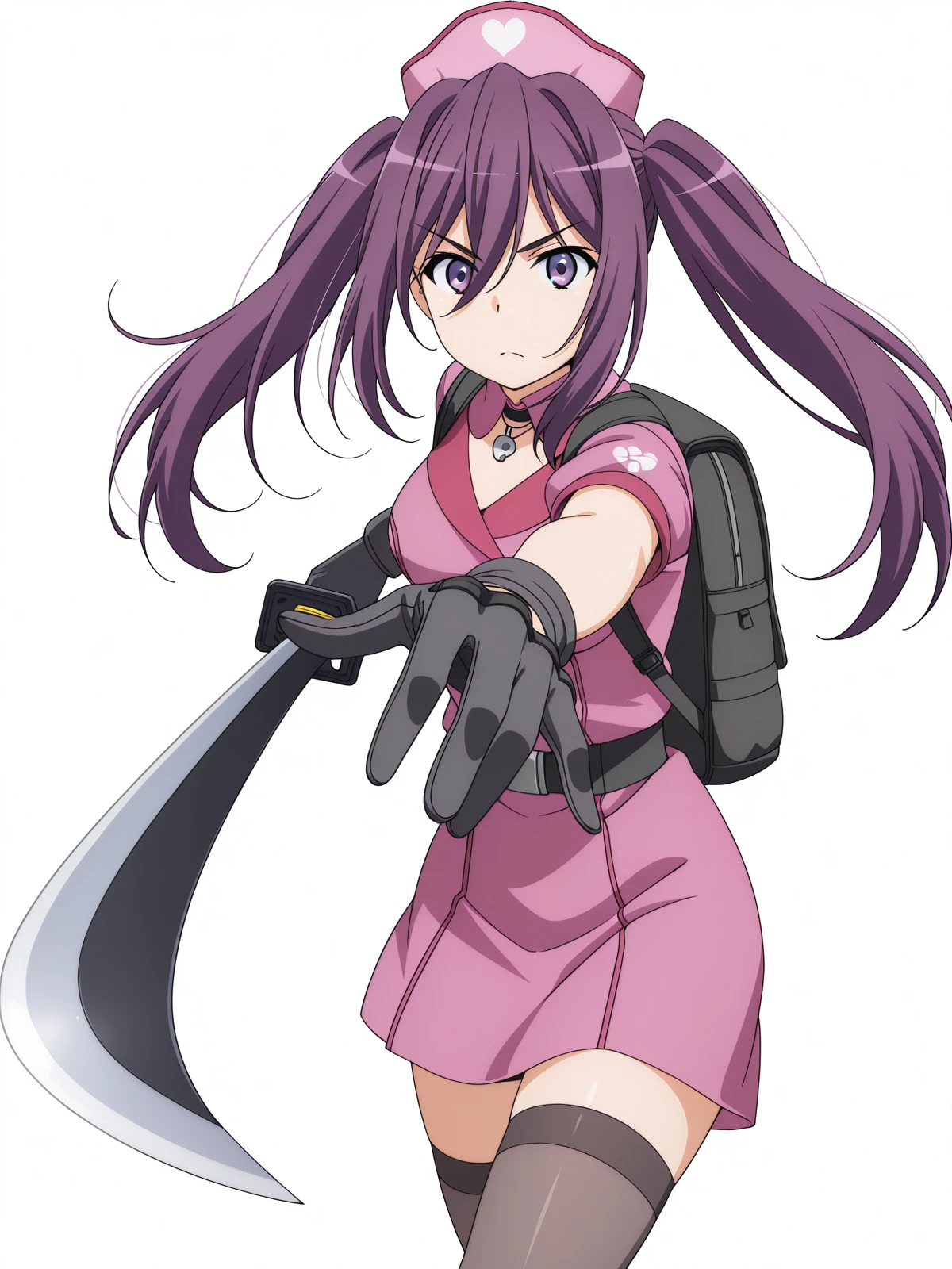 masterpiece, best quality, amazing quality,, <lora:mitori-kouzaka-s3-illustriousxl-lora-nochekaiser:1>, mitori kouzaka, long hair, twintails, purple eyes, purple hair, sidelocks, mature female, medium breasts, anime screencap,, thighhighs, gloves, hat, black gloves, nurse cap, nurse,, <lora:gatotsu-stance-illustriousxl-lora-nochekaiser:1>, gatotsu stance, weapon, sword, katana, holding weapon, holding, holding sword, foreshortening,, mountain trail, hiking, nature, backpack, adventure, fresh air, cowboy shot, solo, looking at viewer, <lora:transparent-background-illustriousxl-lora-nochekaiser:1>, transparent background, simple background, white background