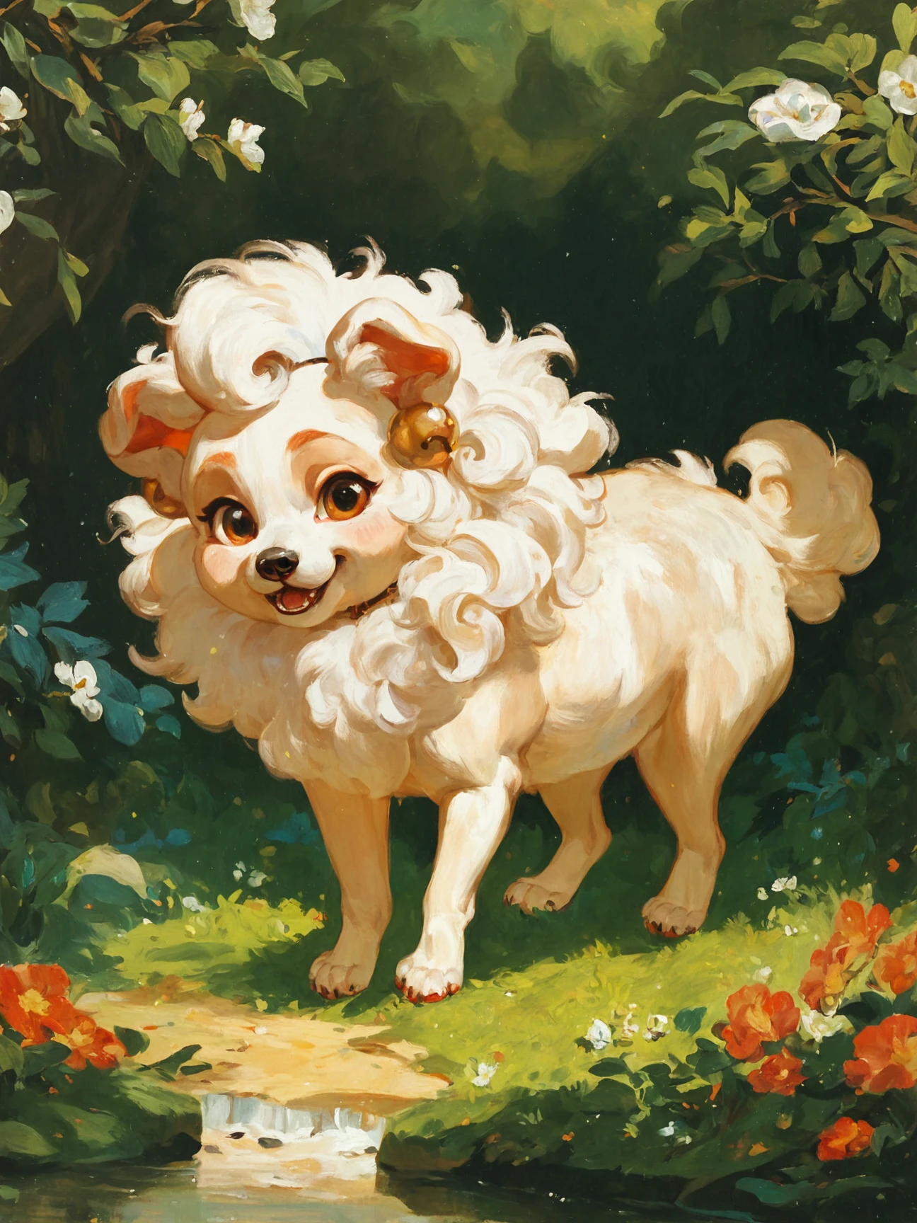 oil painting, traditional medium, score_9, score_8_up, score_7_up, rating_safe, white pomeranian \(dog\), solo, cute, nature, canvas texture