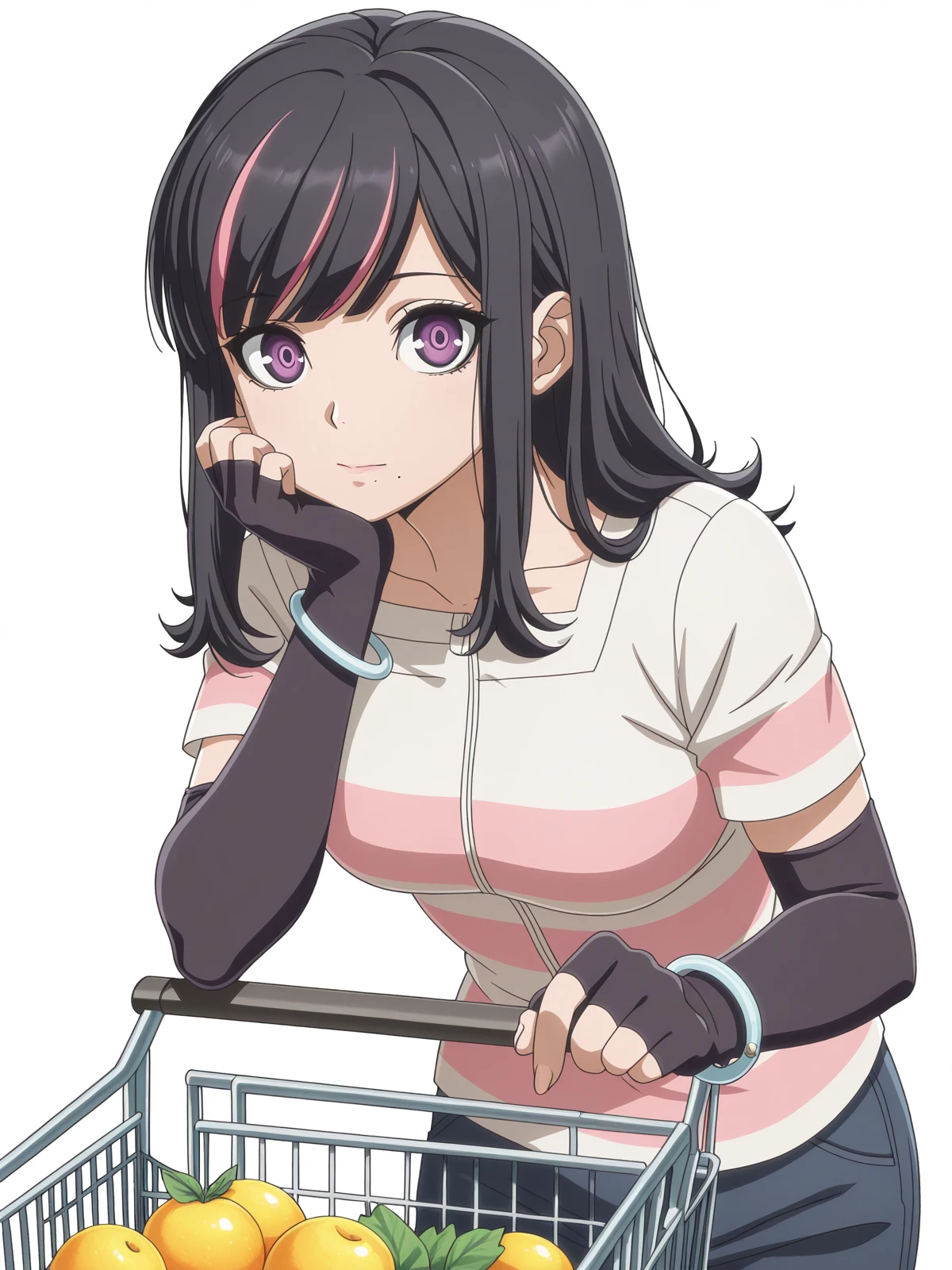 masterpiece, best quality, amazing quality,, <lora:akudama-swindler-s1-illustriousxl-lora-nochekaiser:1>, swindler, bangs, black hair, purple eyes, pink hair, multicolored hair, mole, two-tone hair, streaked hair, mole under mouth, mature female, , anime screencap, shirt, gloves, jewelry, black gloves, elbow gloves, striped, fingerless gloves, bracelet,, head rest, grocery store, shopping cart, picking fruits, everyday life, cowboy shot, solo, looking at viewer, <lora:transparent-background-illustriousxl-lora-nochekaiser:1>, transparent background, simple background, white background