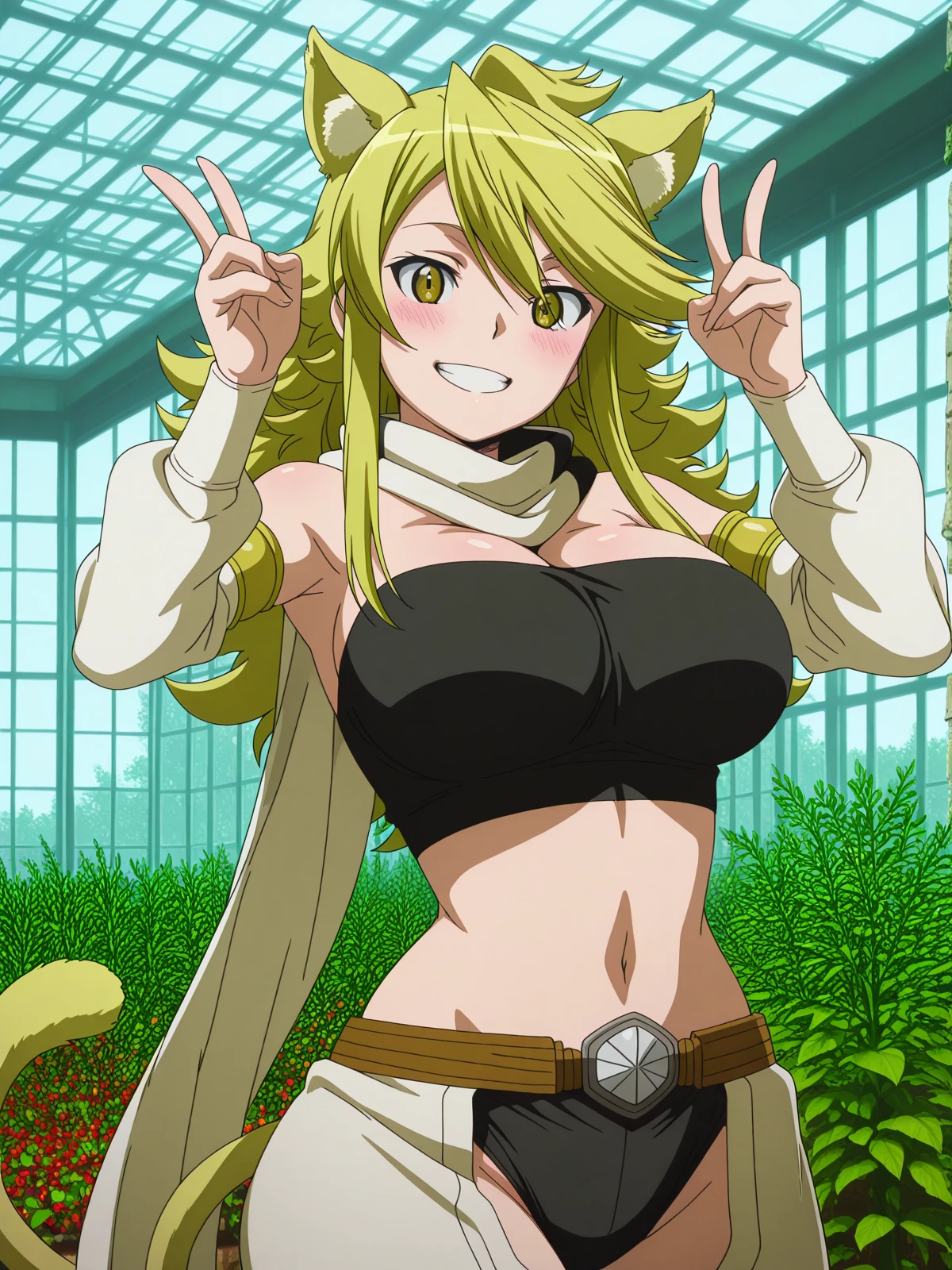 masterpiece, best quality, amazing quality,, <lora:agk-leone-s1-illustriousxl-lora-nochekaiser:1>, leone, blonde hair, animal ears, tail, yellow eyes, cat ears, cat tail, long hair, swept bangs, mature female, , anime screencap, scarf, white scarf, crop top, detached sleeves, shoulders, belt, 1girl, navel, cleavage, , panties, midriff, black panties,, <lora:amane-himeno-photoshoot-illustriousxl-lora-nochekaiser:1>, amane himeno photoshoot, solo, looking at viewer, blush, smile, teeth, grin, v, portrait, close-up, double v,, greenhouse, plants, glass, warm, growth, cowboy shot, solo, looking at viewer,