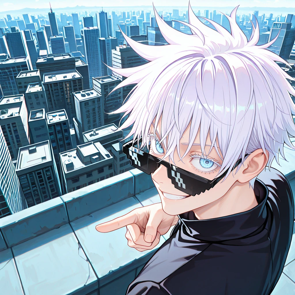 lazypos, <lora:Deal_with_It_Glasses:1> dealwithit_glasses, 1boy, gojou satoru, city, rooftop, from above, pointing at viewer, confident smile,