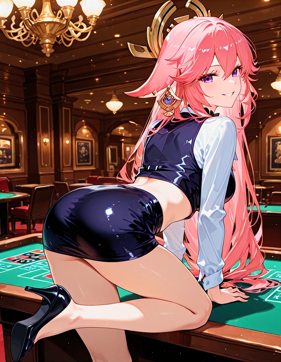 masterpiece, best quality, anime coloring, contrapposto, <lora:LECO_BadHands:1.2>, <lora:eyelashext_v10:0.6>,<lora:thick_eyelashes_nai_style_V2_dim32:0.5>, thick eyelashes, lipgloss, [photo background::0.5], blurry foreground BREAK 1girl, yae miko, grin, open mouth, all fours, from behind, looking back, on table, indoors, casino, <lora:rioattire-000011:1>, alternate costume, rio rollins \(cosplay\), black bow choker, collared shirt, black vest, crop top, black mini skirt, black high heels, soles