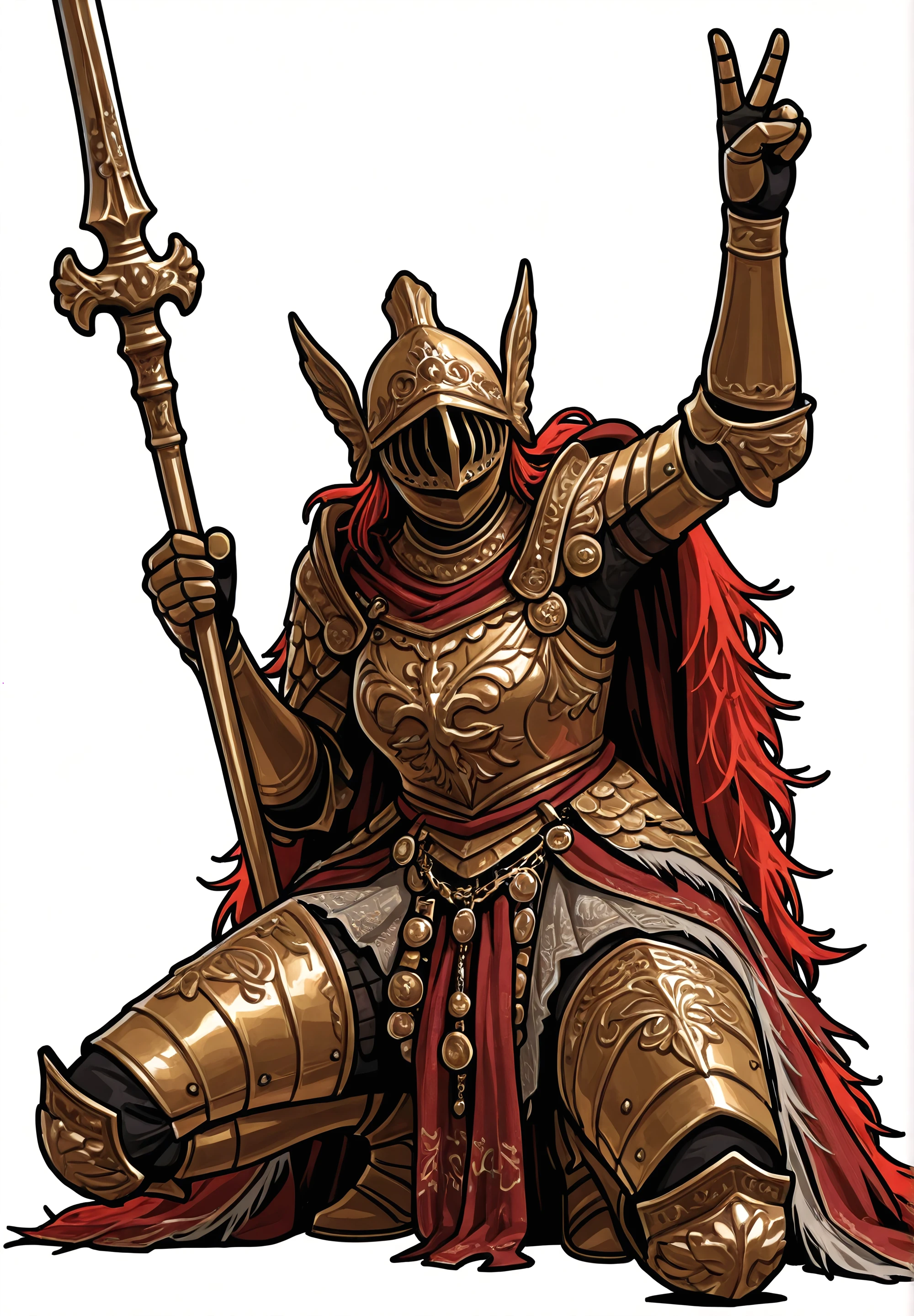 Female, feminine, big breasts, curvy, solo, thick thighs, (head closeup), elden ring, Cleanrot Knight, Golden armor ,Scarlet cape, (winged Helmet, Vertical slit visor helm, Golden plated helm), Ornate chest armor, Etched breastplate design, Heavy iron gauntlets, Gilded armored greaves, Scarlet cloth sash, White hanging tassels, Layered fabric skirt, Flowing red cape, Tattered battle cloak, Frayed crimson mantle, golden spear, holding spear, golden sword, holding sword, squatting, girly, making peace sign, battle pose, dynamic movement,
BREAK,
White background, black outline, <lora:Cleanrot 3:1>