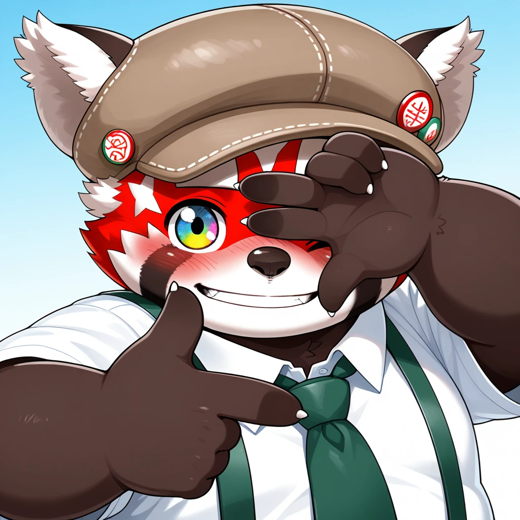 best quality, masterpiece, amazing quality, absurdres, newest, highres, dreamlike atmosphere, dreamlike majestic, detailed, very aesthetic,
<lora:zhurong-v1-15:1> (tas-zhurongb, red_panda), 1boy, brown fur, chubby, young, aged_down:0.5, parted lips, chubby face, solo,
, eye focus, finger frame over eye, one eye closed, smile, blush, finger frame, white shirt, collared shirt, green necktie, suspenders, hair_ornament, (profile), smile, dynamic angle, dynamic pose, hand over eye, light_black_deerstalker, covered one eye,