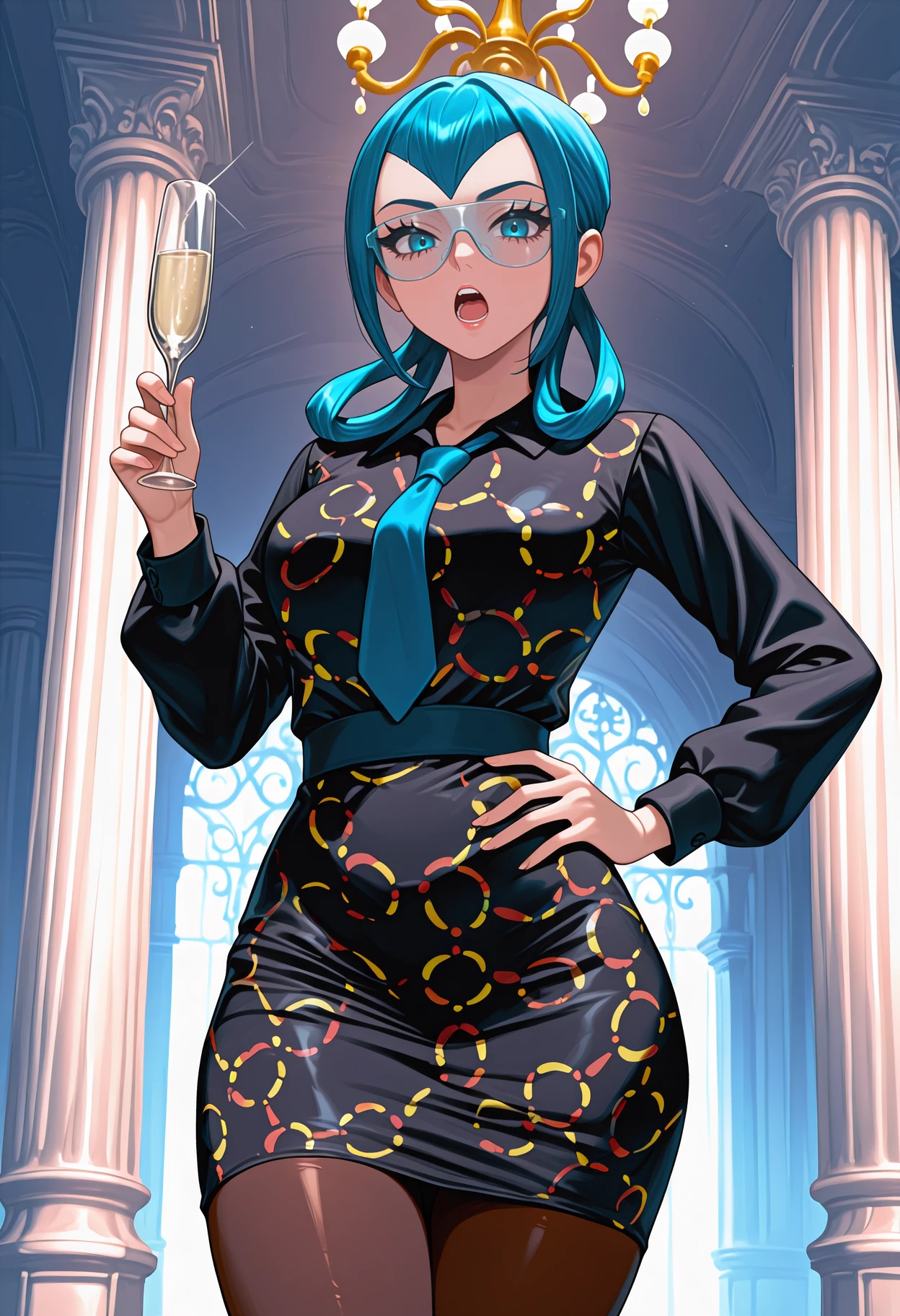 newest, solo, 1girl, open mouth, teeth, looking at viewer, standing, hand on own hip, holding champagne flute, long hair, blue hair, hair rings, blue eyes, eyelashes, glasses, short dress, black dress, print dress, collared dress, pencil dress, blue necktie, long sleeves, brown pantyhose, indoors, pillar, chandelier
<segment:yolo-Anzhc Face seg 640 v3 y11n.pt,0.5,0.5//cid=11>