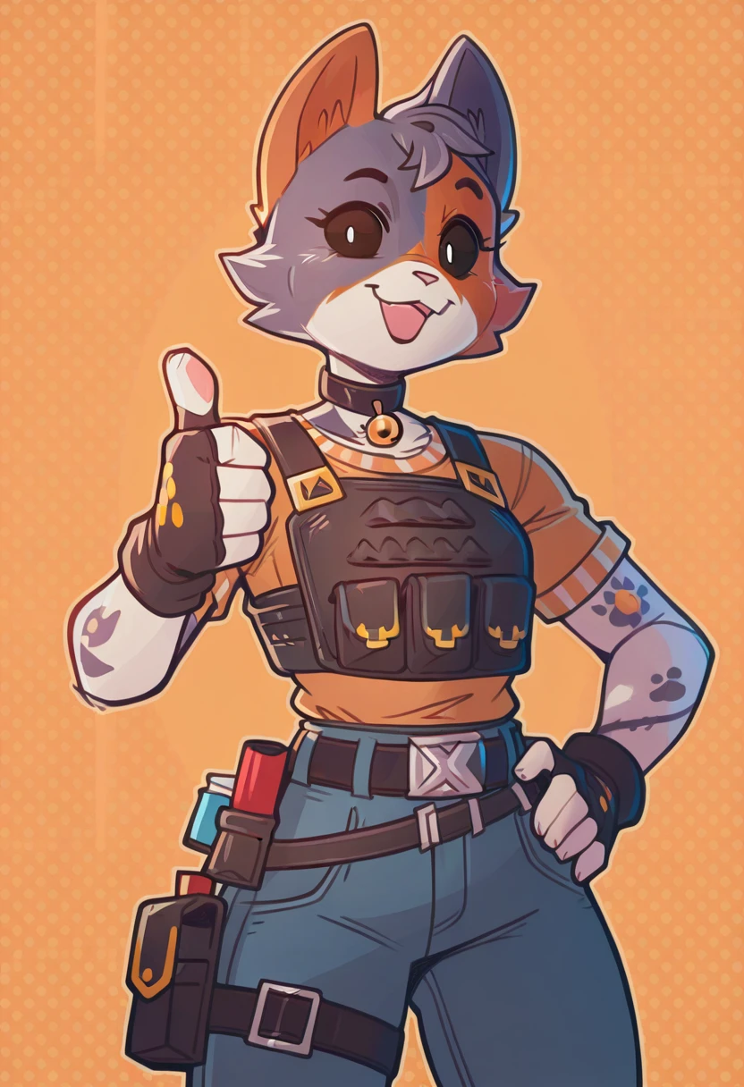 lazypos, best quality, amazing quality, masterpiece, cate meowdy, 1girl, solo, looking at viewer, smile, open mouth, shirt, gloves, animal ears, short sleeves, black gloves, pants, belt, cat ears, fingerless gloves, black eyes, vest, hand on own hip, tattoo, bell, :3, cat girl, denim, jingle bell, buckle, neck bell, black belt, furry female, jeans, blue pants, arm tattoo, body fur, paw print, animal nose, thumbs up, orange shirt, grey fur, multicolored fur, bulletproof vest, short hair, cowboy shot, black choker, yellow background, pocket, pouch, orange background, polka dot background, belt pouch, collar, blue-orange-white fur, <lora:CateMeowdy:1>, dimwitdog, <lora:dimwitdogSDIL:1>