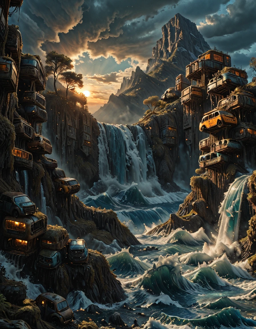 <lora:CW02_Lost_LuxFlats_ill:1> cw02lf, masterpiece, absurdres, 8k, insanely detailed, sharp focus, from side, sunrise, piled cars building, T10, landscape, mountains, waves, rocks, tree, vegetation, moss, rough sea, waterfall, sunset, blue, orange, yellow, brown,