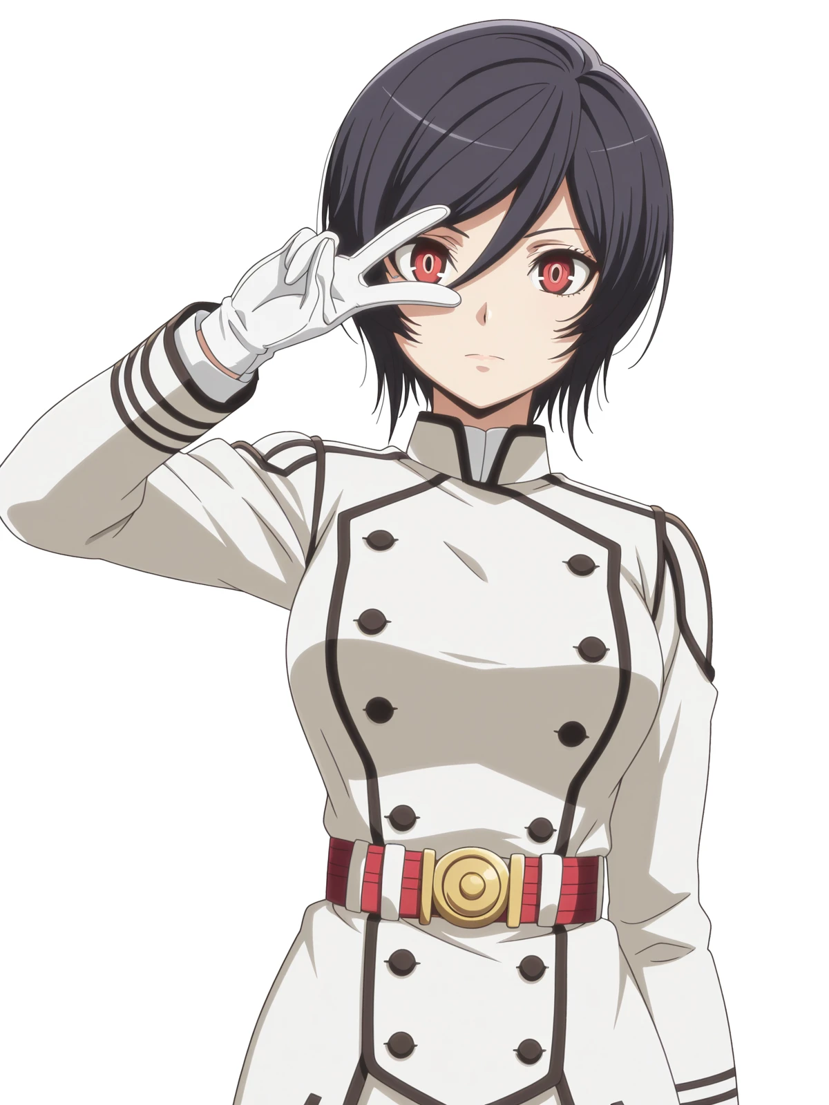 masterpiece, best quality, amazing quality,, <lora:akudama-apprentice-s1-illustriousxl-lora-nochekaiser:1>, apprentice, short hair, black hair, red eyes, hair between eyes, mature female, medium breasts, anime screencap, gloves, belt, white gloves, uniform, military, military uniform,, v, v over eyes,, salon, chairs, mirrors, scissors, beauty, cowboy shot, solo, looking at viewer, <lora:transparent-background-illustriousxl-lora-nochekaiser:1>, transparent background, simple background, white background