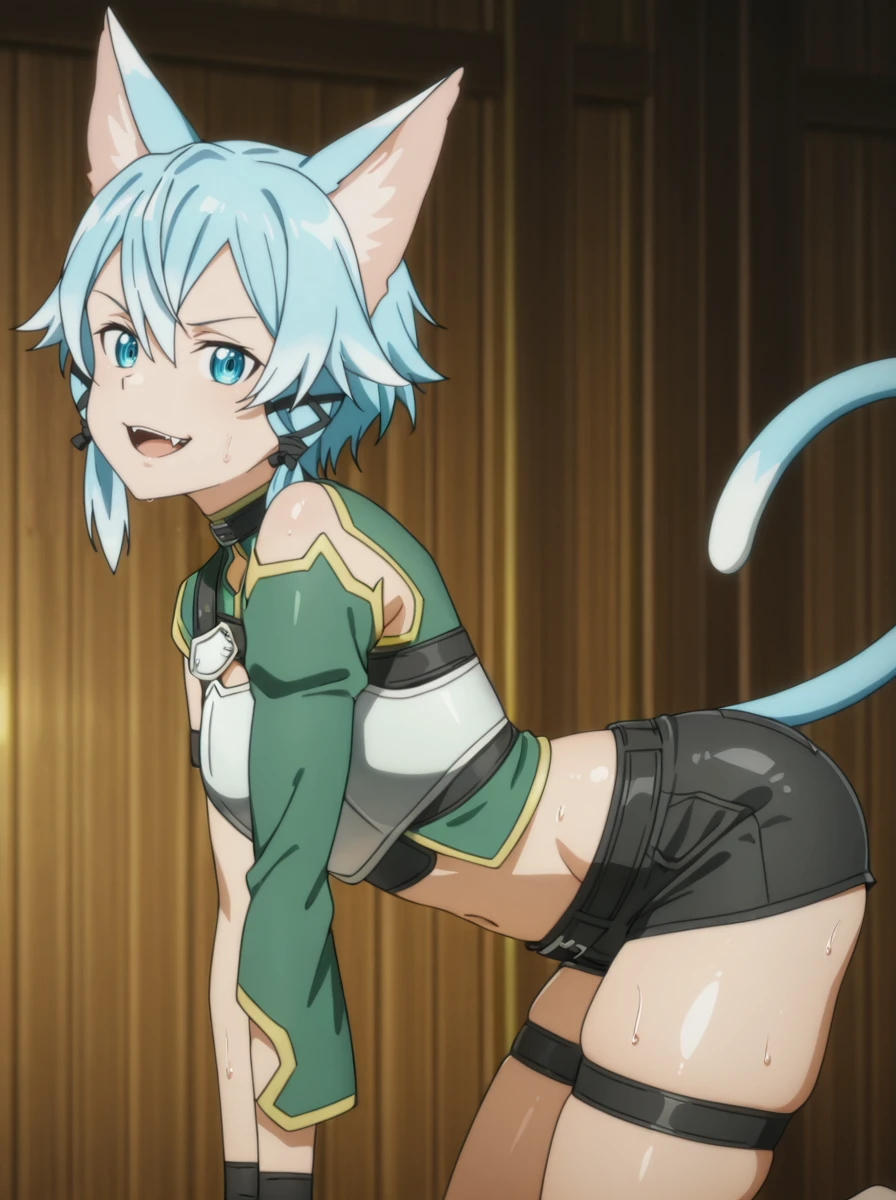 masterpiece, best quality, amazing quality, very aesthetic, absurdres, newest,shiny skin, anime screenshot,  anime coloring,  <lora:sinonSAO:1>sinonALO, 1girl, cat ears, cat tail, breastplate, cat girl, armor, blue hair, short shorts blue eyes, navel, , thigh strap, black shorts, , short hair, midriff, gloves, hair ribbon, stomach,   thick thighs (single sleeve:1),   smirk,  looking at viewer,  shiny_clothes   solo oiled ,, open mouth,  fangs from side,  , looking at viewer,