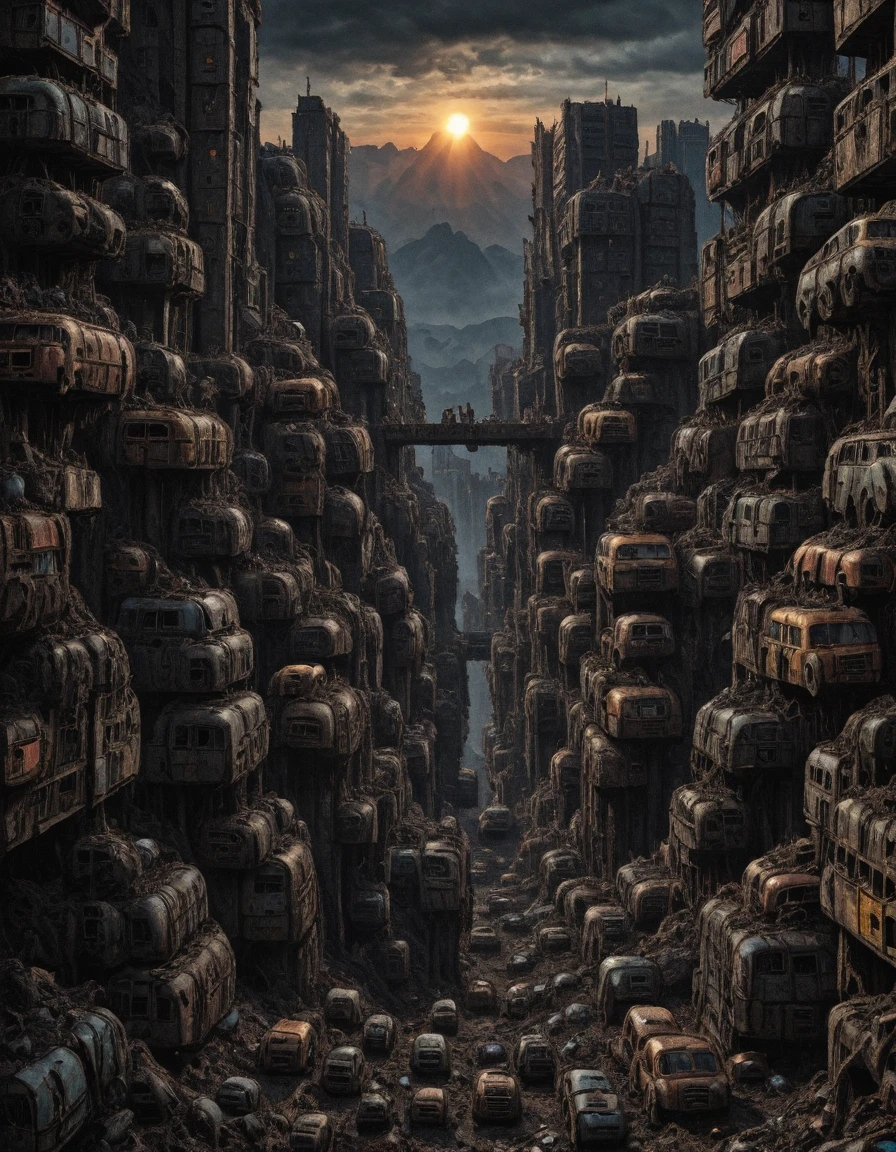 <lora:CW02_Lost_LuxFlats_ill:1> cw02lf, masterpiece, absurdres, 8k, insanely detailed, sharp focus, from side, sunrise, piled cars buildings,