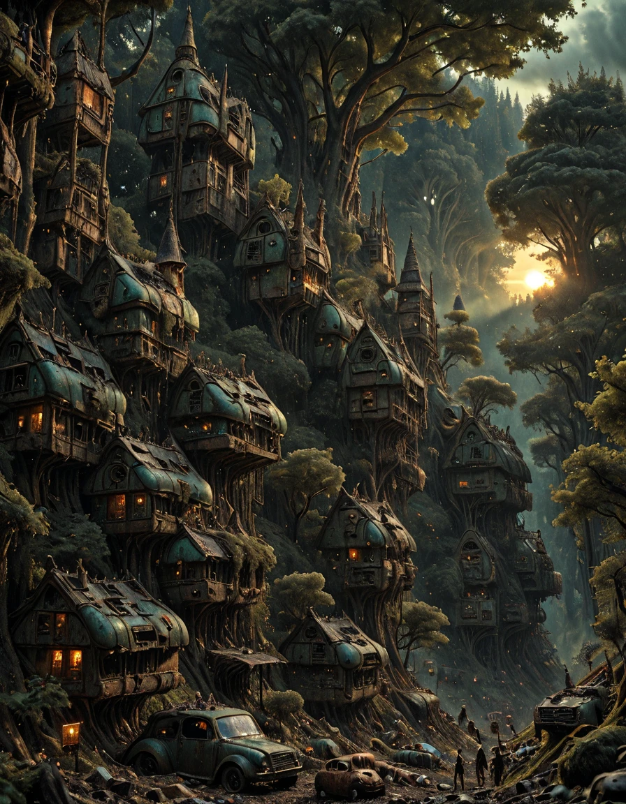 <lora:CW02_Lost_LuxFlats_ill:1> cw02lf, masterpiece, absurdres, 8k, insanely detailed, sharp focus, from side, sunrise, piled cars building, fantasy, green, T8, forest, trees, mist
