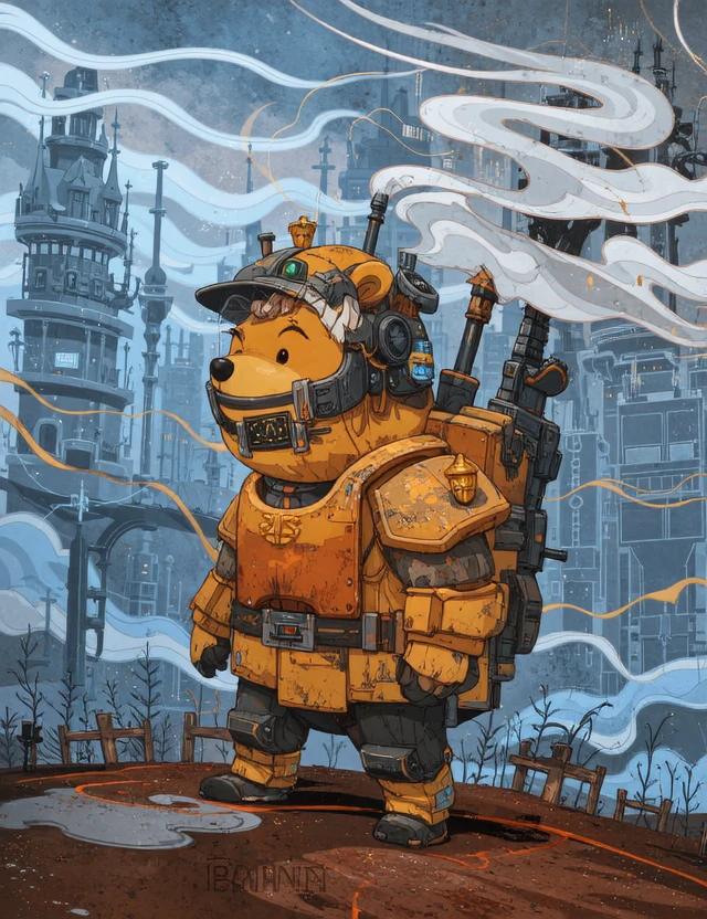 Whimsical, storybook-inspired folk art with flowing, dreamlike details. In a war-torn, post-apocalyptic cityscape, a lone Winnie-the-Pooh stands tall, clad in a heavily weathered and rusted Fallout power armor, its bright yellow paint chipped and faded. The armor's helmet, adorned with a tiny, golden honey pot emblem on the forehead, is tilted slightly, revealing Pooh's endearing, stuffed-animal face, his