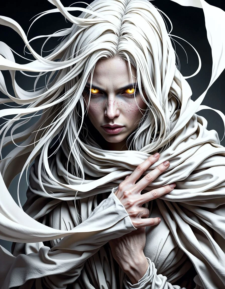 A captivating image of a woman with long, white hair and a pale, almost porcelain-like, complexion, her face partially obscured by flowing white fabric, her eyes intensely focused and glowing, creating a sense of mystery and power. Illustrated in a **graphic novel art** style, with bold lines, strong contrasts, and a dynamic composition. The glowing eyes should be a prominent feature, and the flowing fabric could have sharp, angular folds, giving the image a dramatic and impactful feel, as if a single panel from a larger story.
<lora:Flux_Krea_Blaze_Lora-rank64:1> <lora:whiter-shade-of-pale:1>
