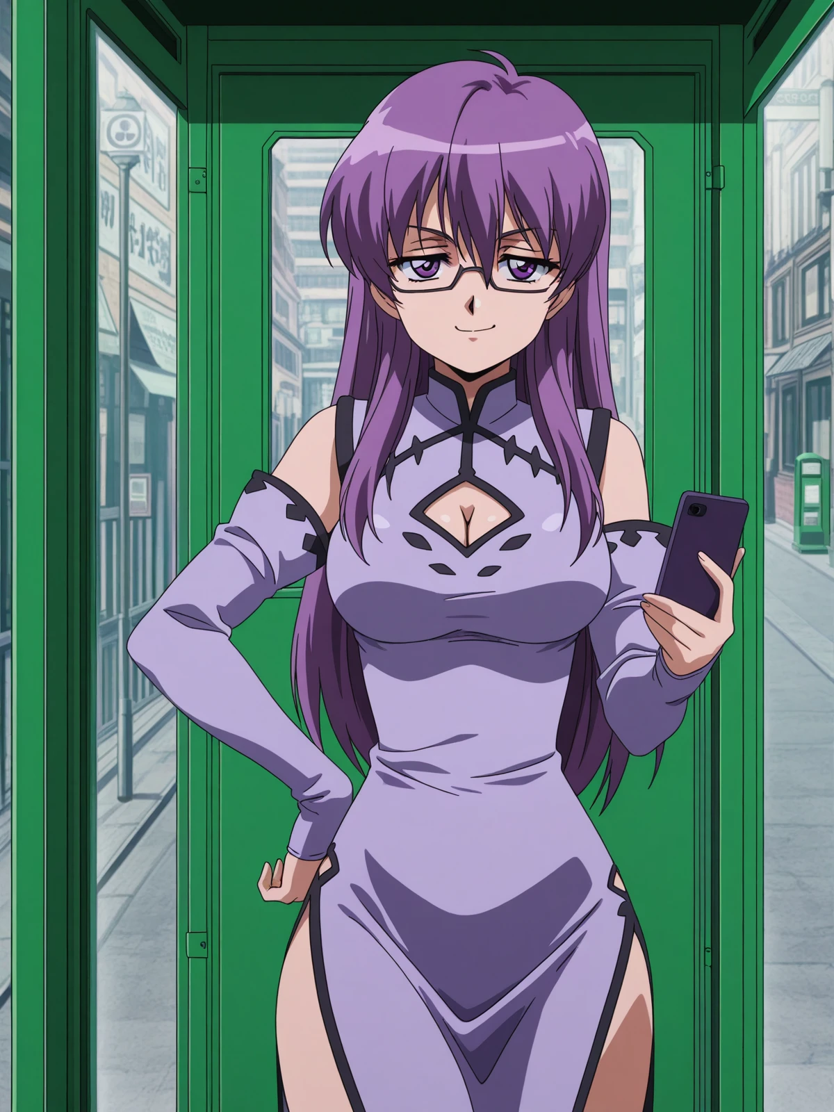 masterpiece, best quality, amazing quality,, <lora:agk-sheele-s1-illustriousxl-lora-nochekaiser:1>, sheele, long hair, purple eyes, purple hair, glasses, mature female, medium breasts, anime screencap, dress, cleavage, detached sleeves, clothing cutout, chinese clothes, cleavage cutout, china dress,, smug, hand on own hip,, phone booth, glass, phone, street, retro, cowboy shot, solo, looking at viewer,