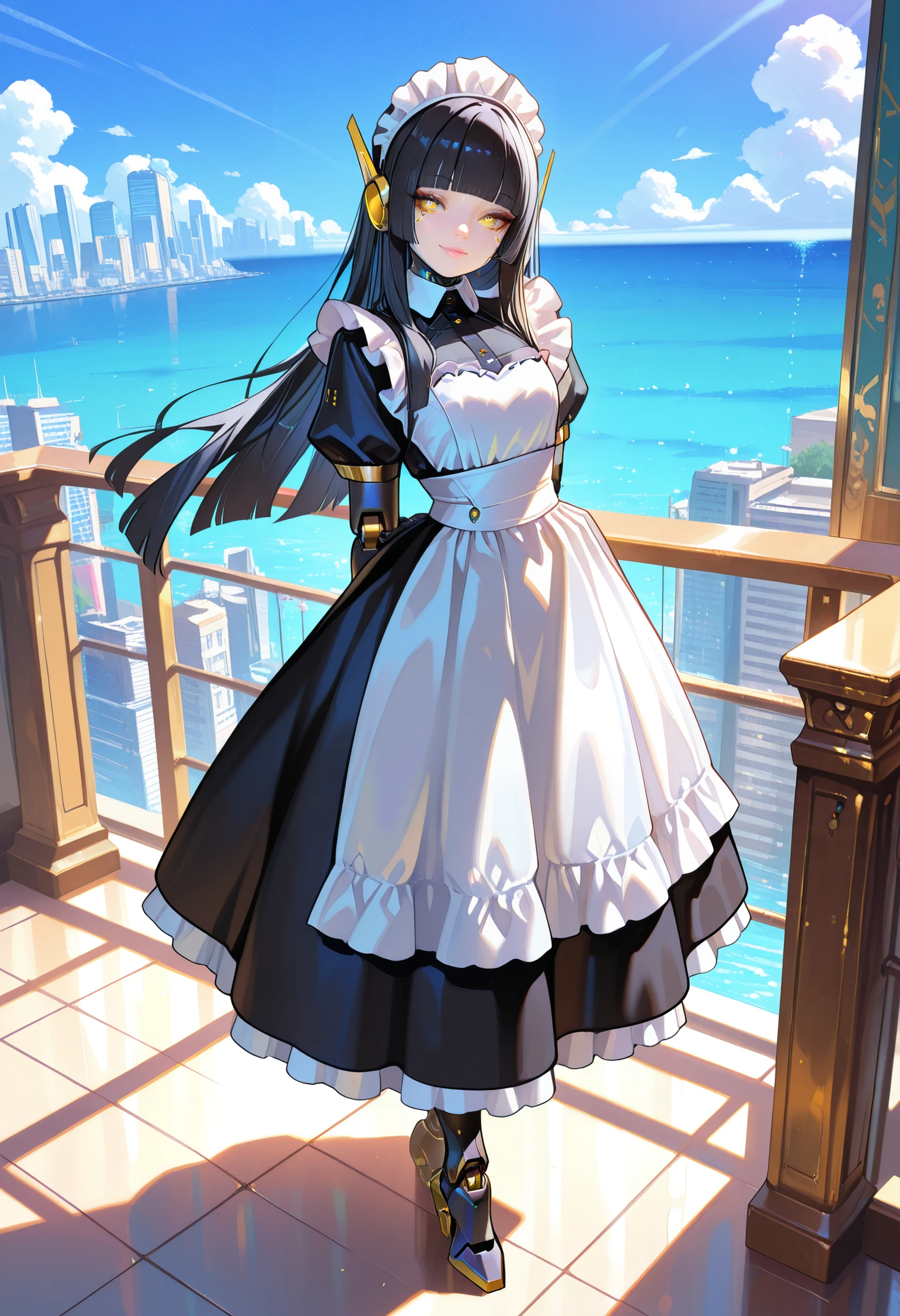 masterpiece, very aesthetic, best quality, absurdres, newest,
<lora:ILJABlH:1>
JABlH, 1girl, black hair, maid headdress, yellow eyes, long hair, sidelocks, robot ears, android, blunt bangs