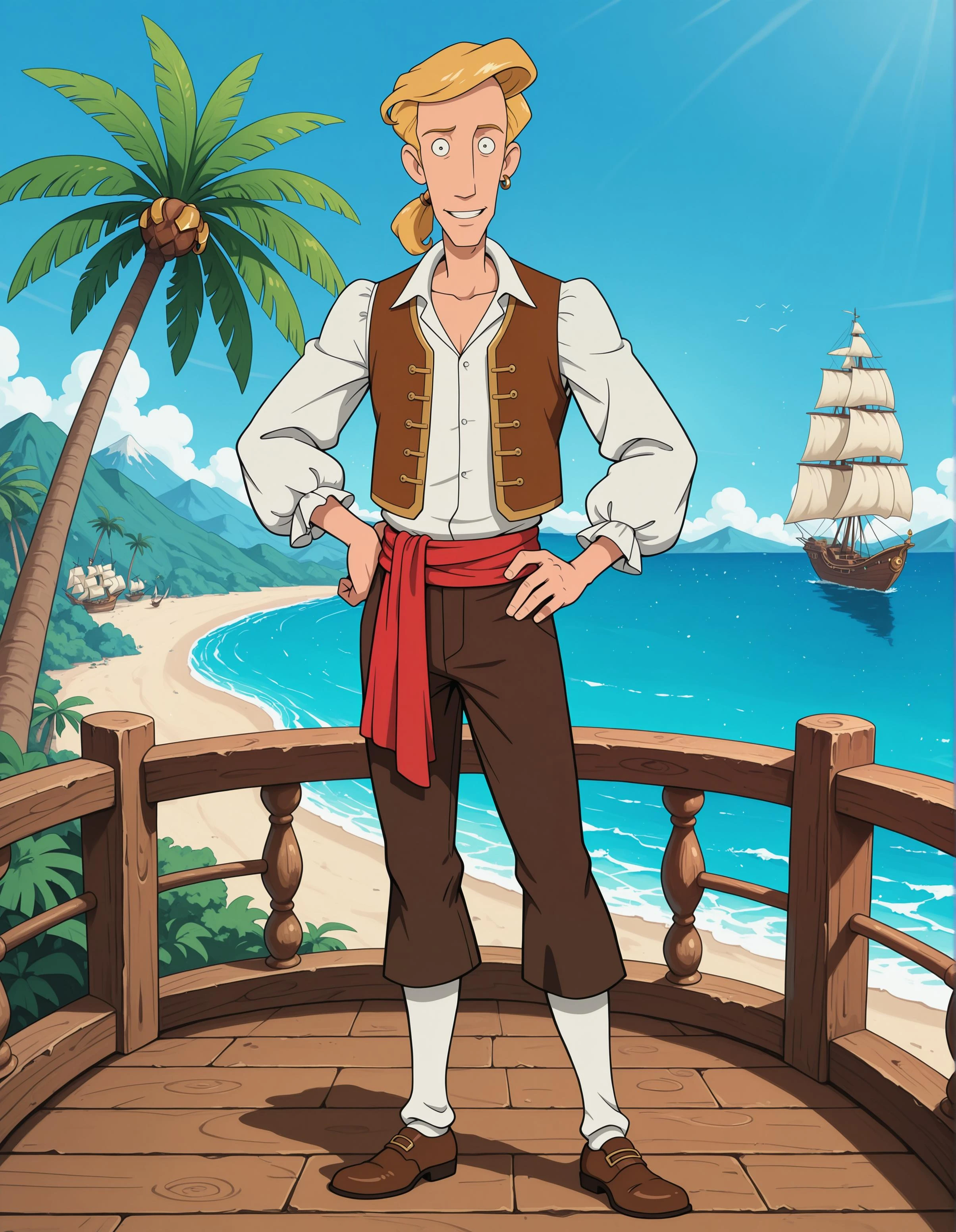 masterpiece, best quality, highres, absurdres, incredibly absurdres, very awa, very as2, anime screenshot, anime coloring, flat color, guybrush, 1boy, solo, blonde hair, constricted pupils, ponytail, smile, hoop earrings, single earring, white shirt, collared shirt, puffy sleeves, brown vest, open vest, brown pants, waist sash, red sash, white socks, brown shoes, full body, standing, hand on own hip, looking at viewer, outdoors, island, tropical, day, blue sky, mountainous horizon, ocean, palm tree, coconut tree, sailing ship, pirate ship, complex exterior, absurdly detailed composition