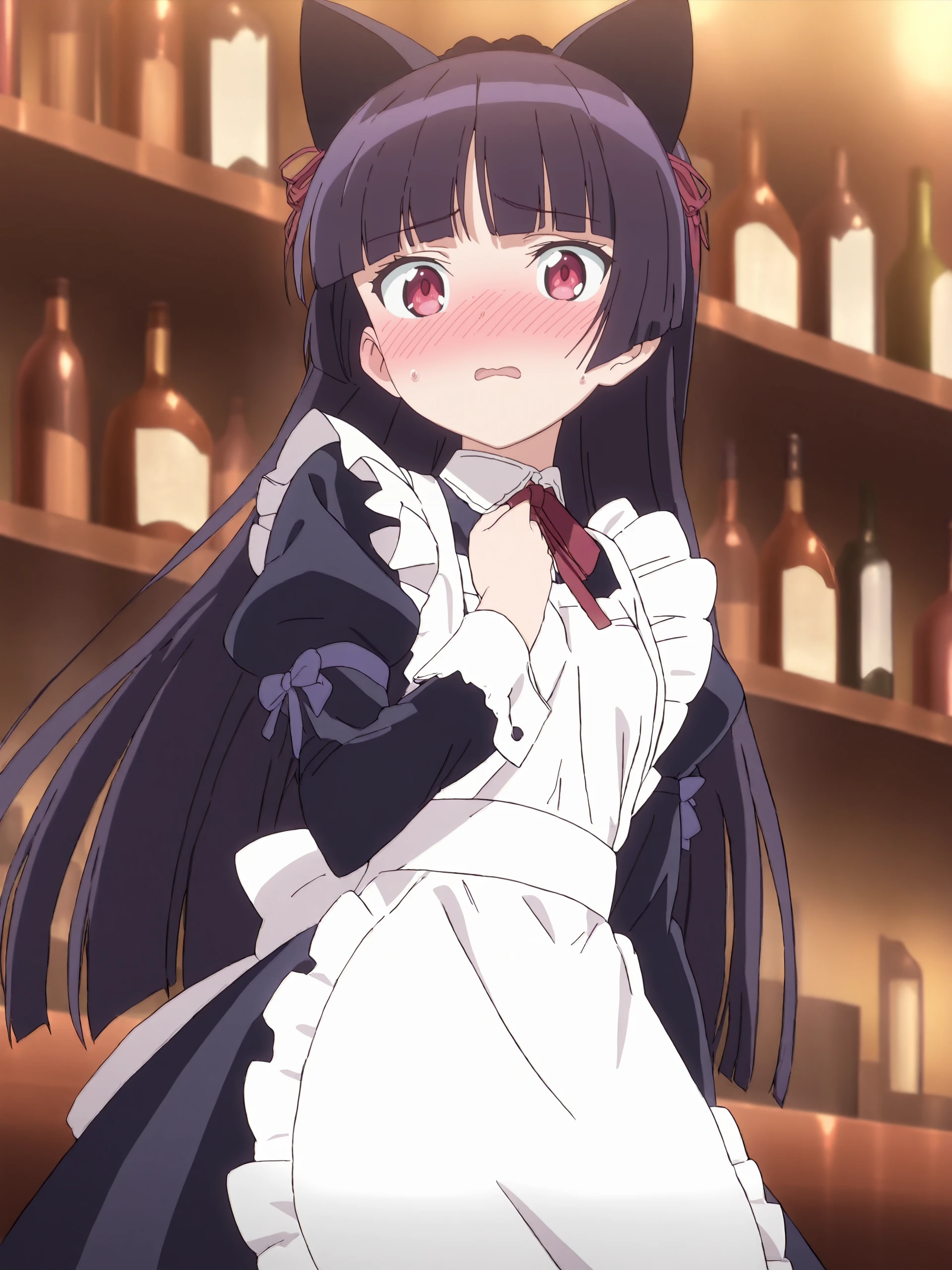 masterpiece, high score, great score, absurdres, anime screenshot, anime coloring, <lora:Char-Gokou_Ruri-V1-XL:1:hr=0.6>, 1girl, solo, gokou ruri, solo, maid, red eyes, cat ears, red neck ribbon, black maid dress, maid apron, black pantyhose, embarrassed, open mouth, blush, parted lips, looking at viewer, cowboy shot, standing, contrapposto, bar \(place\), indoors, depth of field