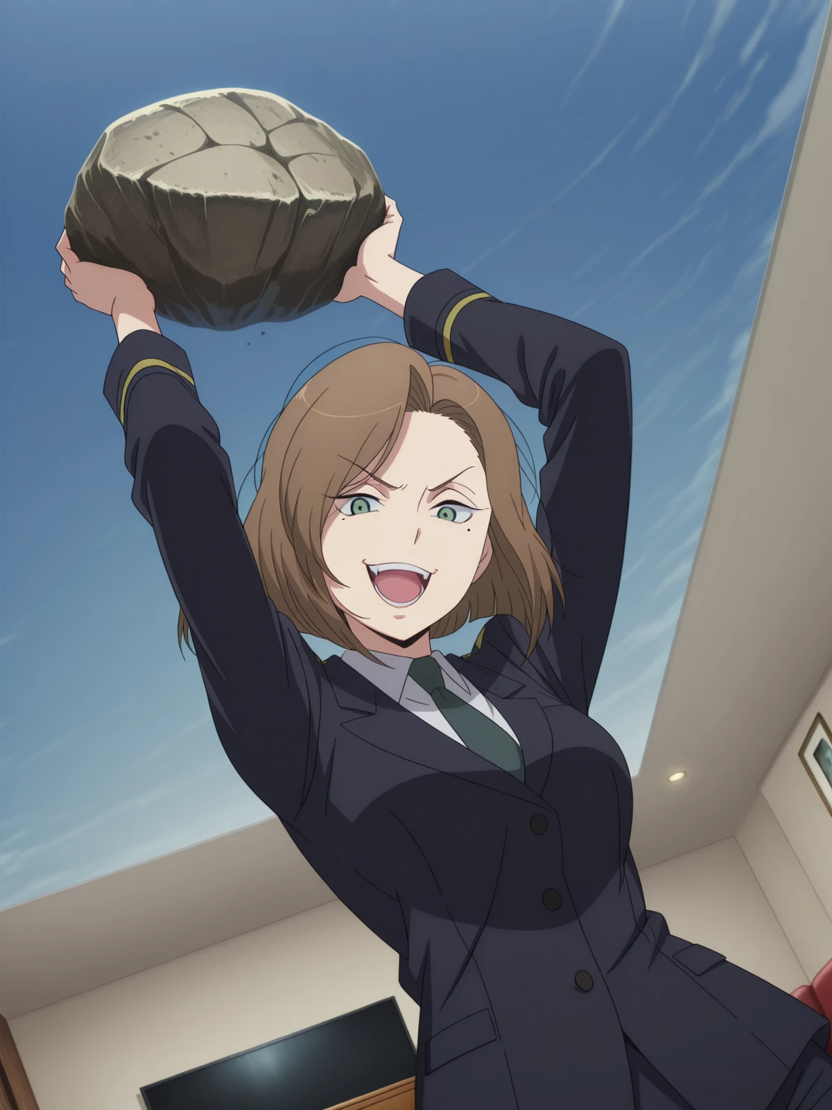 masterpiece, best quality, amazing quality,, <lora:darzana-magbaredge-s1-illustriousxl-lora-nochekaiser:1>, darzana magbaredge, short hair, brown hair, green eyes, mole, mature female, medium breasts, anime screencap, necktie, uniform, formal, suit, <lora:alexthelion-holding-rock-illustriousxl-lora-nochekaiser:1>, alexthelion holding rock, solo, looking at viewer, open mouth, holding, holding rock, arms up, looking down, v-shaped eyebrows, evil grin, blue sky, open mouth, dutch angle, living room, sofa, TV, coffee_table, decor, cowboy shot, solo, looking at viewer,