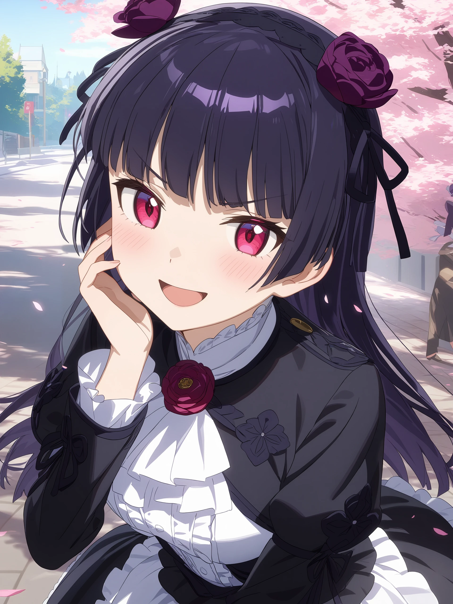 incredibly absurdres, ultra detailed, masterpiece, best quality, perfect features, intricate details, ray tracing, very aesthetic, anime screenshot, anime coloring,  <lora:Char-Gokou_Ruri-V1-XL:1:hr=0.6>, 1girl, gokou ruri, red eyes, black flower hairband, solo, frilled ascot, flower brooch, black cropped jacket, white frilled shirt, black hoop skirt, petticoat, looking at viewer, smug, open mouth, naughty face, hand on own face, standing, contrapposto, cowboy shot, outdoors, street, cherry blossoms, petals, depth of field