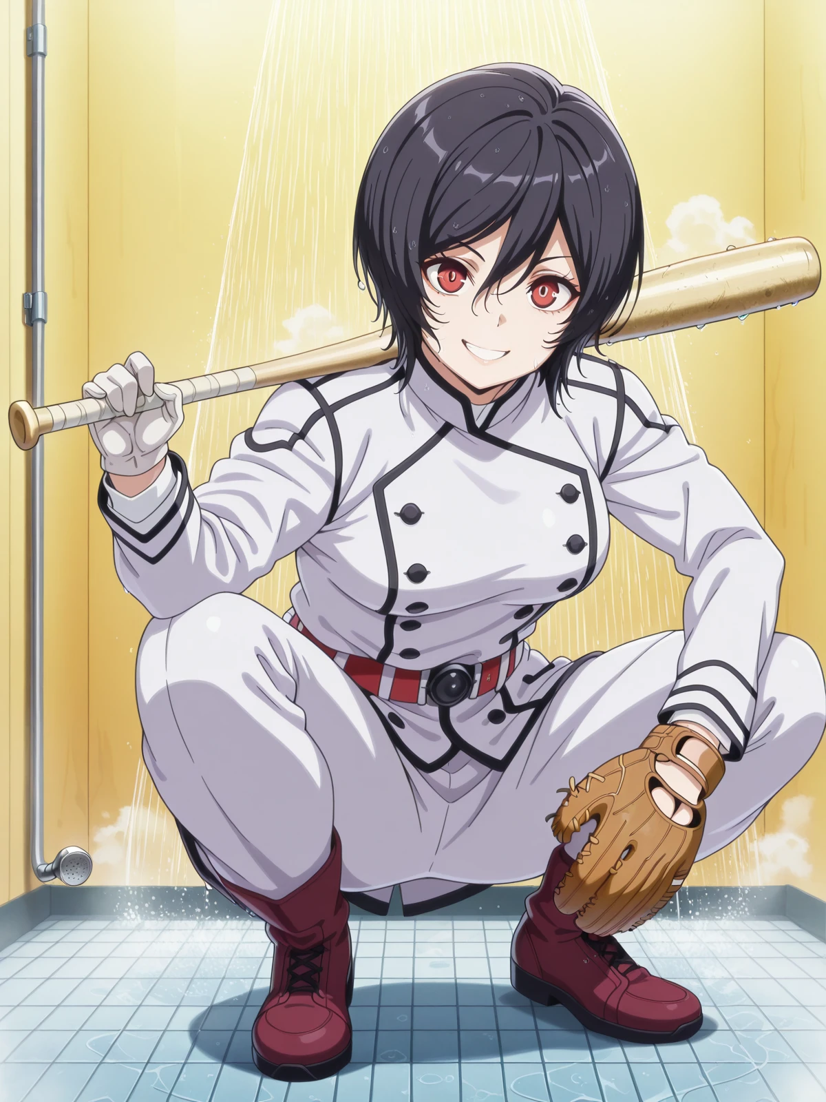 masterpiece, best quality, amazing quality,, <lora:akudama-apprentice-s1-illustriousxl-lora-nochekaiser:1>, apprentice, short hair, black hair, red eyes, hair between eyes, mature female, medium breasts, anime screencap, gloves, belt, white gloves, uniform, military, military uniform,, <lora:slav-squatting-illustriousxl-lora-nochekaiser:1>, slav squatting, solo, looking at viewer, smile, gloves, holding, full body, grin, squatting, baseball bat, baseball, holding baseball bat, baseball mitt,, shower, water, steam, shower_head, tiles, cowboy shot, solo, looking at viewer,