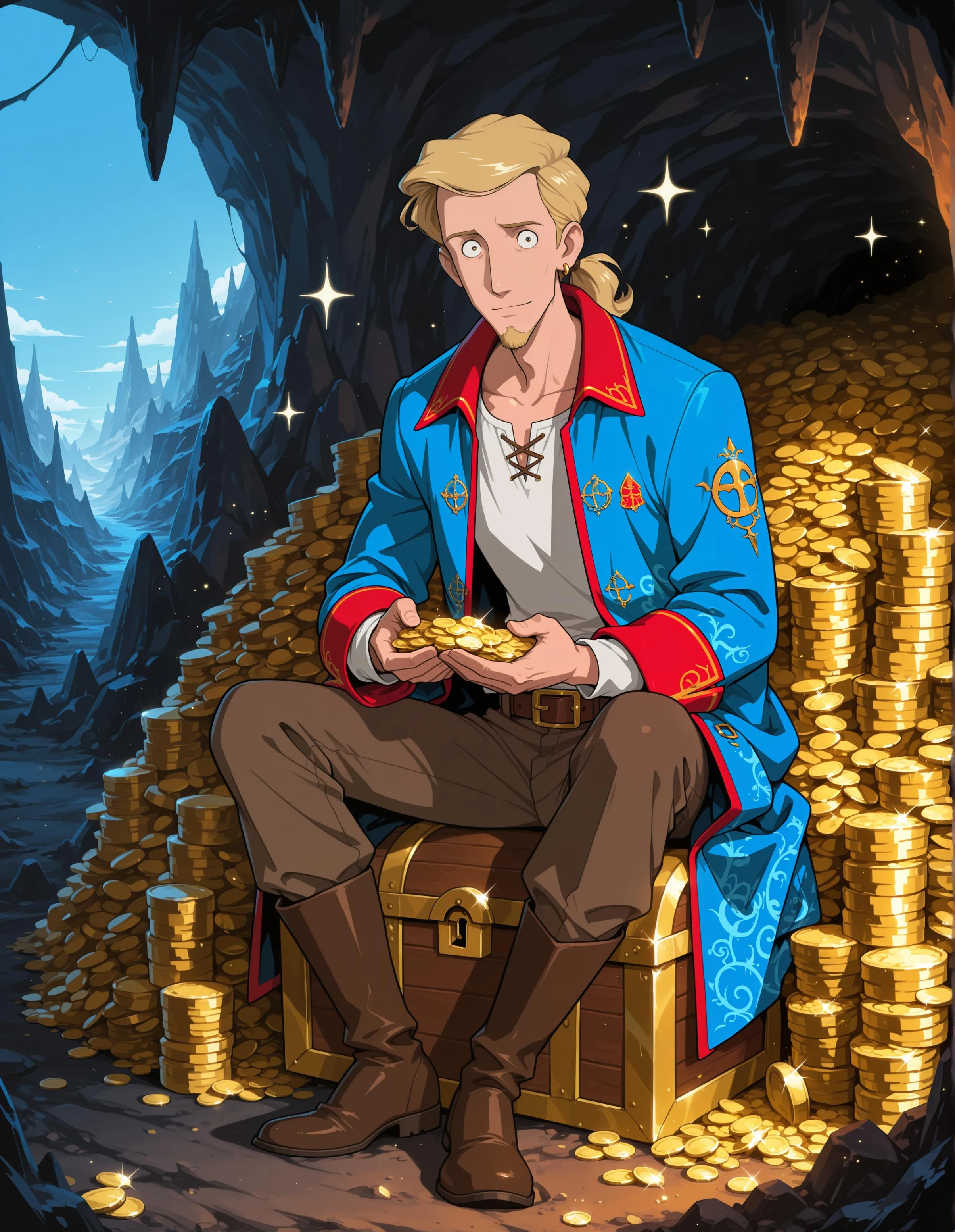 masterpiece, best quality, highres, absurdres, incredibly absurdres, very awa, very as2, anime screenshot, anime coloring, flat color, guybrush, 1boy, solo, blonde hair, constricted pupils, ponytail, goatee, earring, closed mouth, blue coat, print coat, red trim, open coat, white shirt, brown pants, brown belt, belt buckle, baldric, brown boots, full body, sitting, holding, two handed, looking at viewer, light smile, outdoors, cave, cave interior, blue sky, treasure, treasure , pile of money, gold coin, stack of coins, sparkle, absurdly detailed composition
