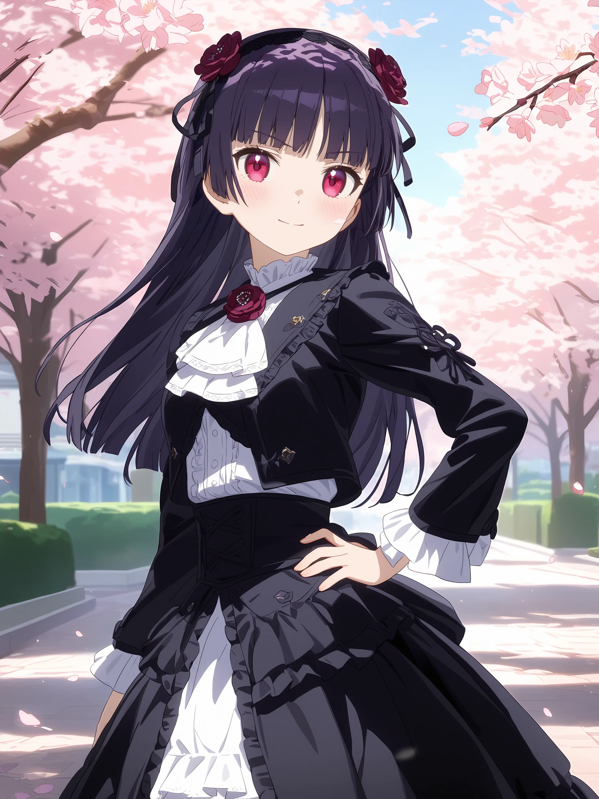 incredibly absurdres, ultra detailed, masterpiece, best quality, perfect features, intricate details, ray tracing, very aesthetic, anime screenshot, anime coloring, <lora:Char-Gokou_Ruri-V1-XL:1:hr=0.6>, 1girl, gokou ruri, red eyes, black flower hairband, solo, frilled ascot, flower brooch, black cropped jacket, white frilled shirt, black hoop skirt, petticoat, hand on hip, looking at viewer, light smile, standing, contrapposto, cowboy shot, outdoors, street, cherry blossoms, petals, depth of field