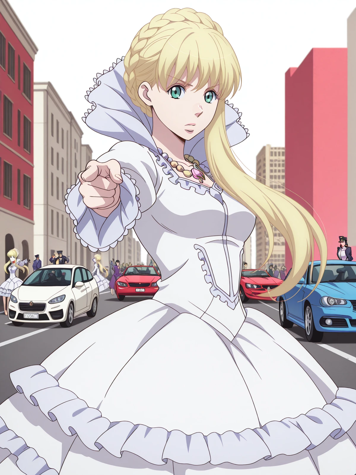 masterpiece, best quality, amazing quality,, <lora:asseylum-vers-allusia-s1-illustriousxl-lora-nochekaiser:1>, asseylum vers allusia, long hair, blonde hair, green eyes, braid, mature female, medium breasts, anime screencap,, dress, jewelry, necklace, white dress, frills, puffy sleeves, frilled skirt,, <lora:jotaro-kujo-pose-illustriousxl-lora-nochekaiser:1>, jotaro kujo pose, kujo jotaro's pose (jojo), jojo pose, pointing, pointing at viewer, cowboy shot, street, cars, buildings, city, people, cowboy shot, solo, looking at viewer, <lora:transparent-background-illustriousxl-lora-nochekaiser:1>, transparent background, simple background, white background