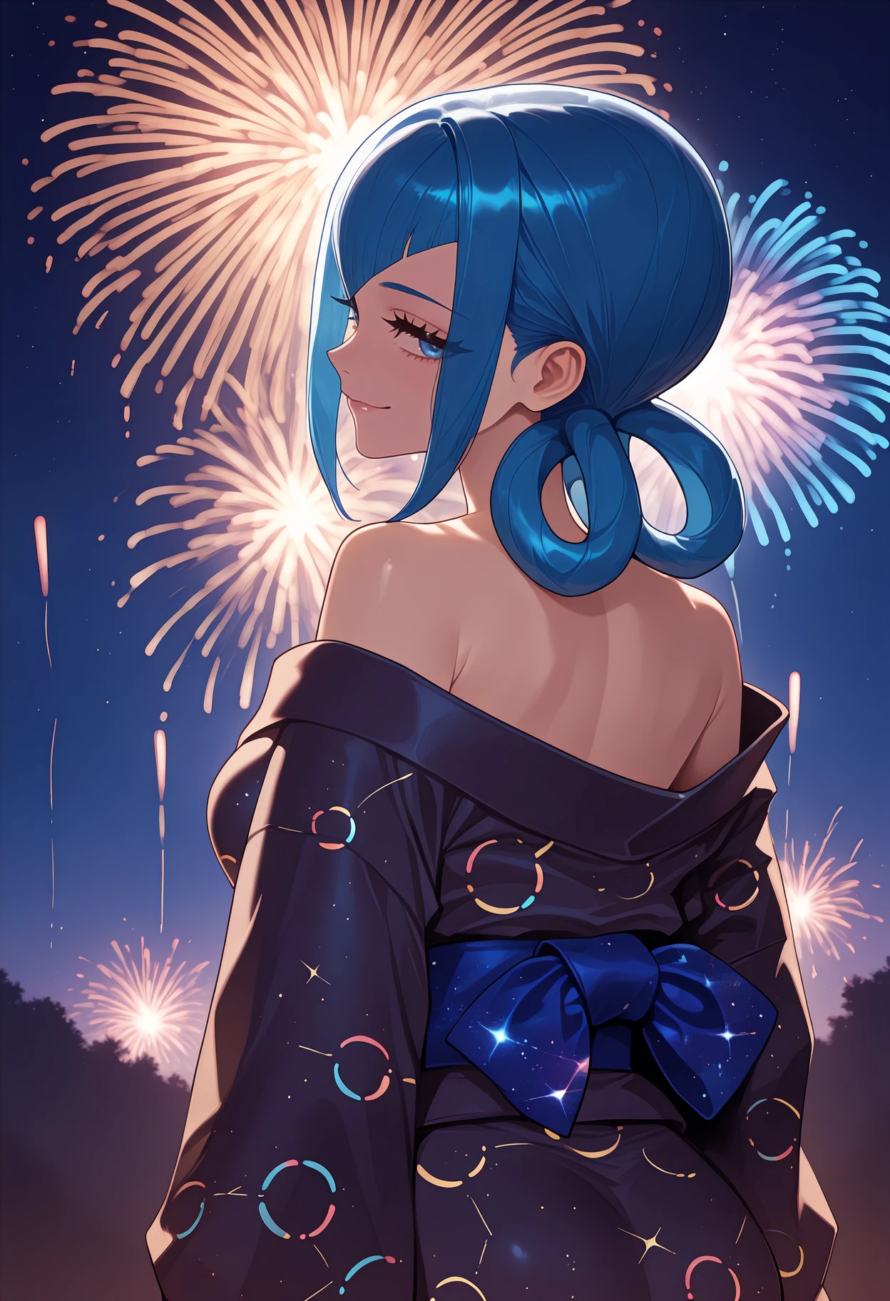 newest, , solo, 1girl, slight smile, looking back, looking at viewer, arms at sides, long hair, blue hair, hair rings, blue eyes, eyelashes, japanese clothes, black kimono, print kimono, starry sky print, off shoulder, kimono pull, long sleeves, blue sash, shoulders, outdoors, night, fireworks
<segment:yolo-Anzhc Face seg 640 v3 y11n.pt,0.5,0.5//cid=11>