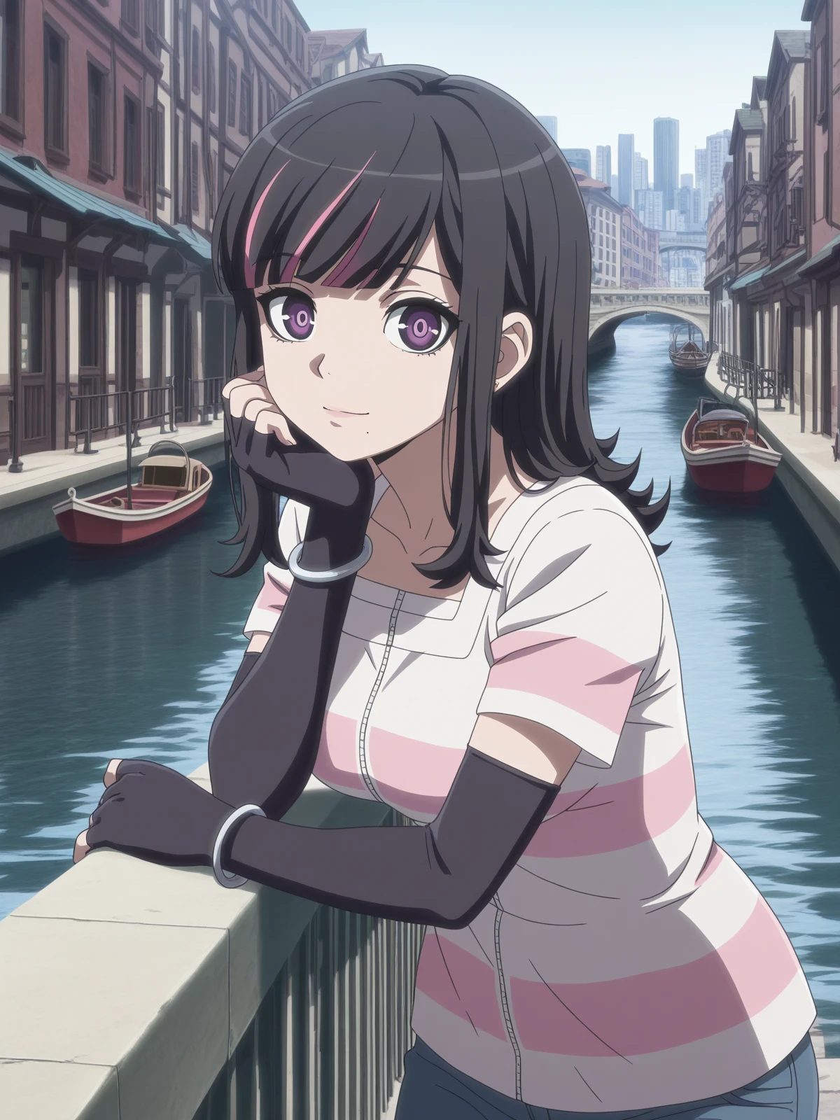 masterpiece, best quality, amazing quality,, <lora:akudama-swindler-s1-illustriousxl-lora-nochekaiser:1>, swindler, bangs, black hair, purple eyes, pink hair, multicolored hair, mole, two-tone hair, streaked hair, mole under mouth, mature female, , anime screencap, shirt, gloves, jewelry, black gloves, elbow gloves, striped, fingerless gloves, bracelet,, head rest, canal, water, boats, city, narrow, cowboy shot, solo, looking at viewer,