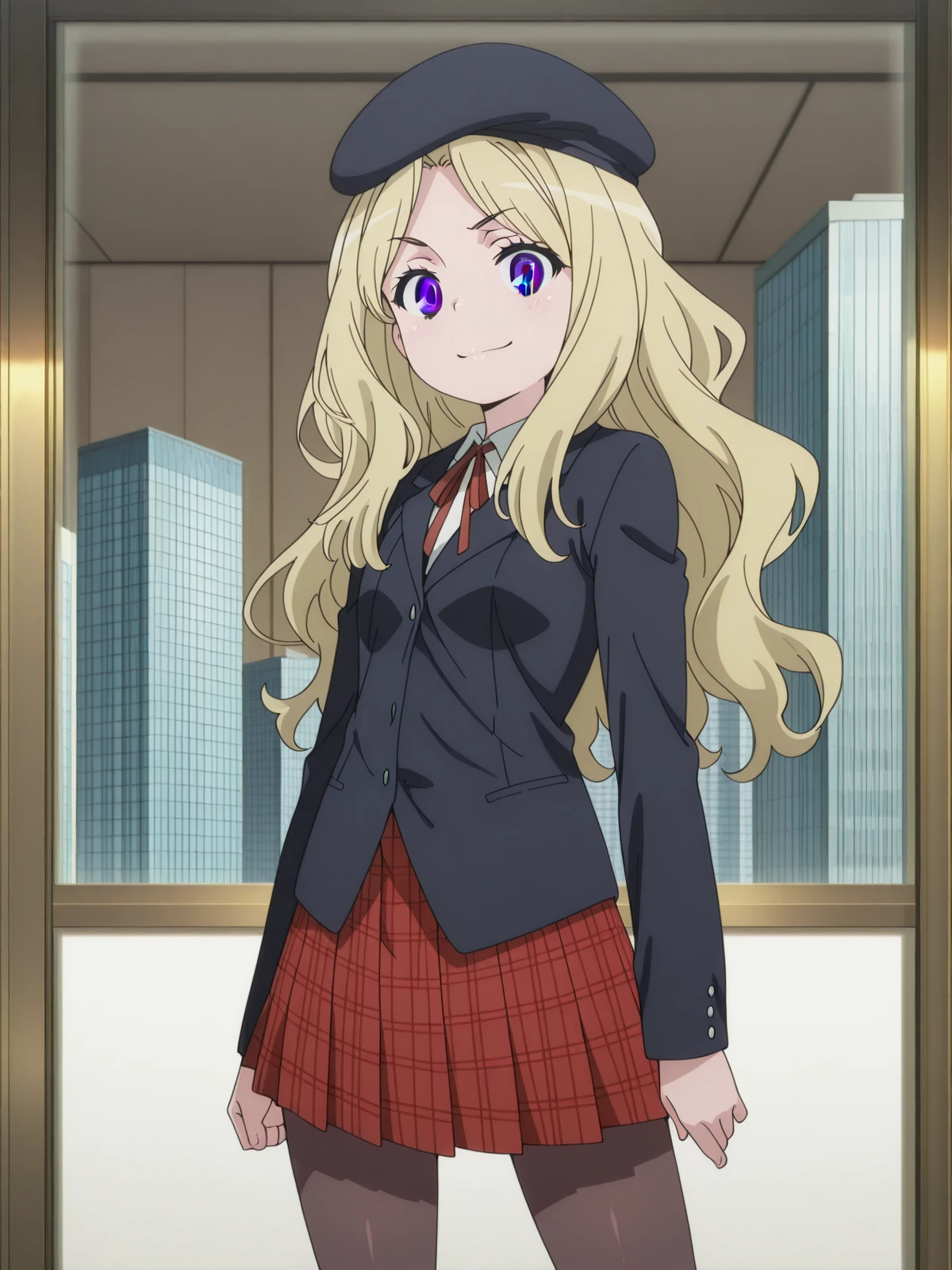 masterpiece, best quality, amazing quality,, <lora:frenda-seivelun-s3-illustriousxl-lora-nochekaiser:1>, frenda seivelun, long hair, blonde hair, black eyes, anime screencap, skirt, hat, ribbon, jacket, pantyhose, plaid, beret, plaid skirt, blazer,, <lora:vocaloid-boxart-pose-illustriousxl-lora-nochekaiser:1>, vocaloid boxart pose, solo, looking at viewer, smile, closed mouth, standing, full body,, skyscraper, tall, glass, modern, building, cowboy shot, solo, looking at viewer,