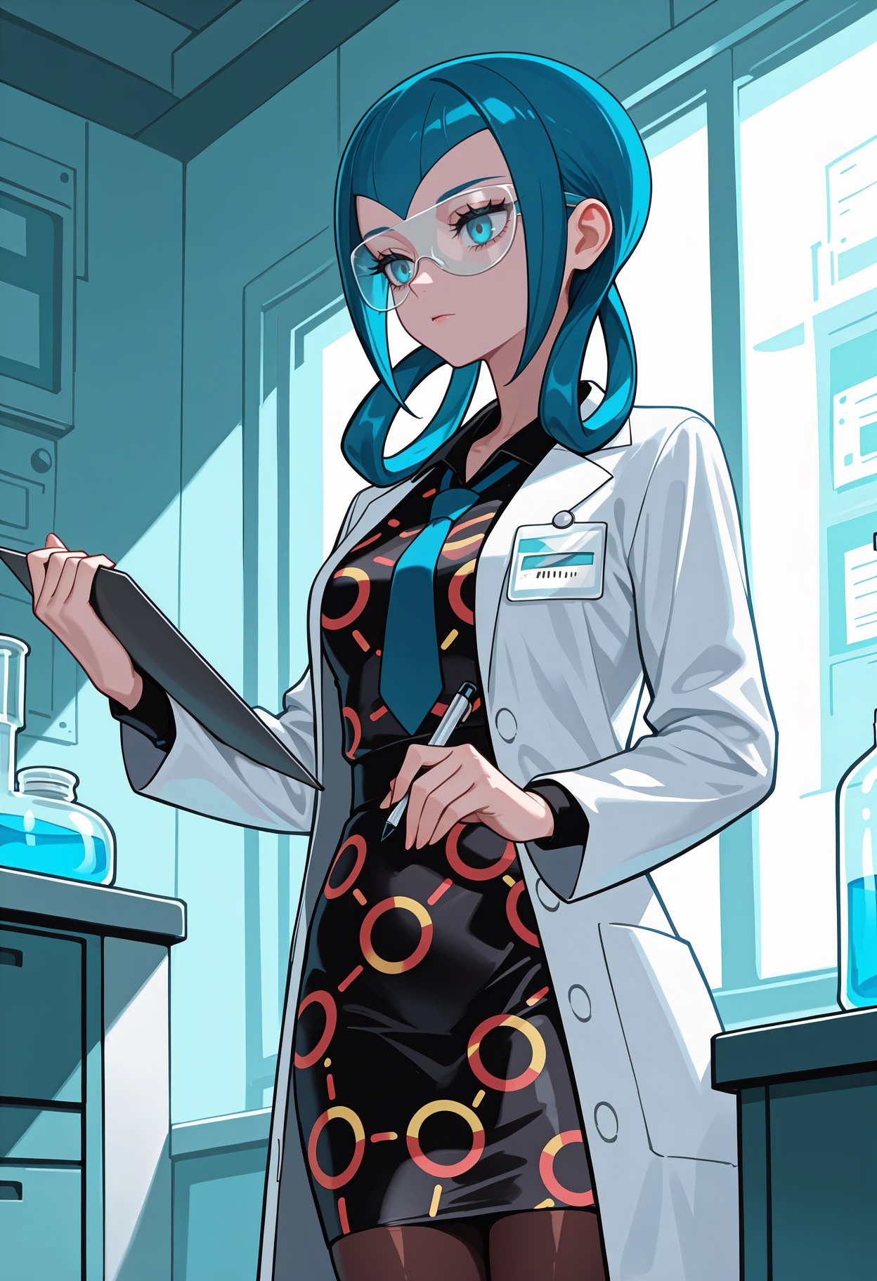 newest, solo, 1girl, expressionless, looking at object, holding clipboard, holding pen, long hair, blue hair, hair rings, blue eyes, eyelashes, glasses, white coat, lab coat, open coat, long sleeves, short dress, black dress, print dress, collared dress, pencil dress, blue necktie, brown pantyhose, indoors, laboratory
<segment:yolo-Anzhc Face seg 640 v3 y11n.pt,0.5,0.5//cid=11>