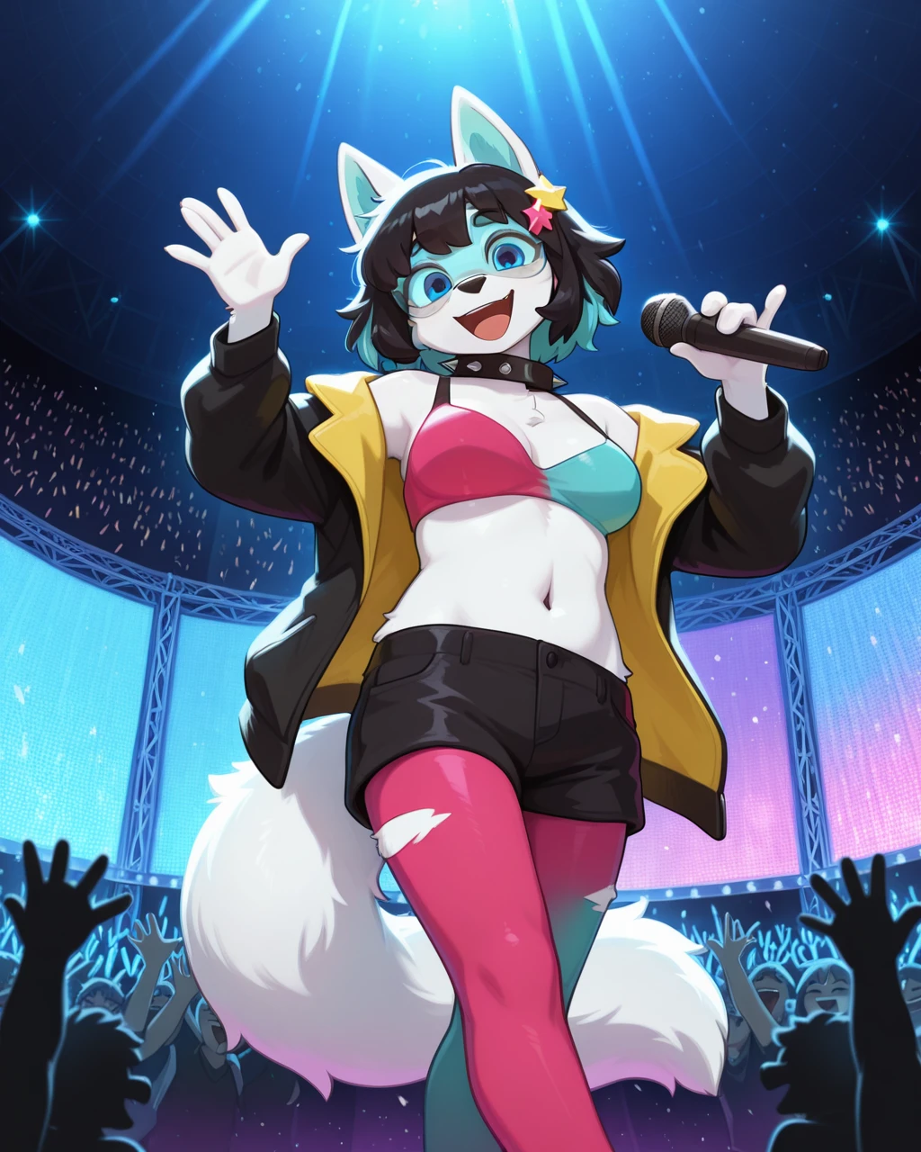 best quality,amazing quality,furry, female, fox, black hair, blue eyes, white fur, multicolored hair, , hair ornament, pantyhose, midriff, navel, visor, black jacket, shorts, multicolored bra, open jacket, bangs, star hair ornament, spiked collar, looking at viewer, happy, singing, holding microphone, low-angle view, head tilt, solo, three-quarter view, concert, crowd, stage, <lora:Cobalt_Snow_Ill:0.6> <lora:The-Minuscule-Task_Style_Lora_Illustrious:0.4> <lora:goopystem_ILL:0.5> <lora:Lanai_caff_ILLU:0.9>