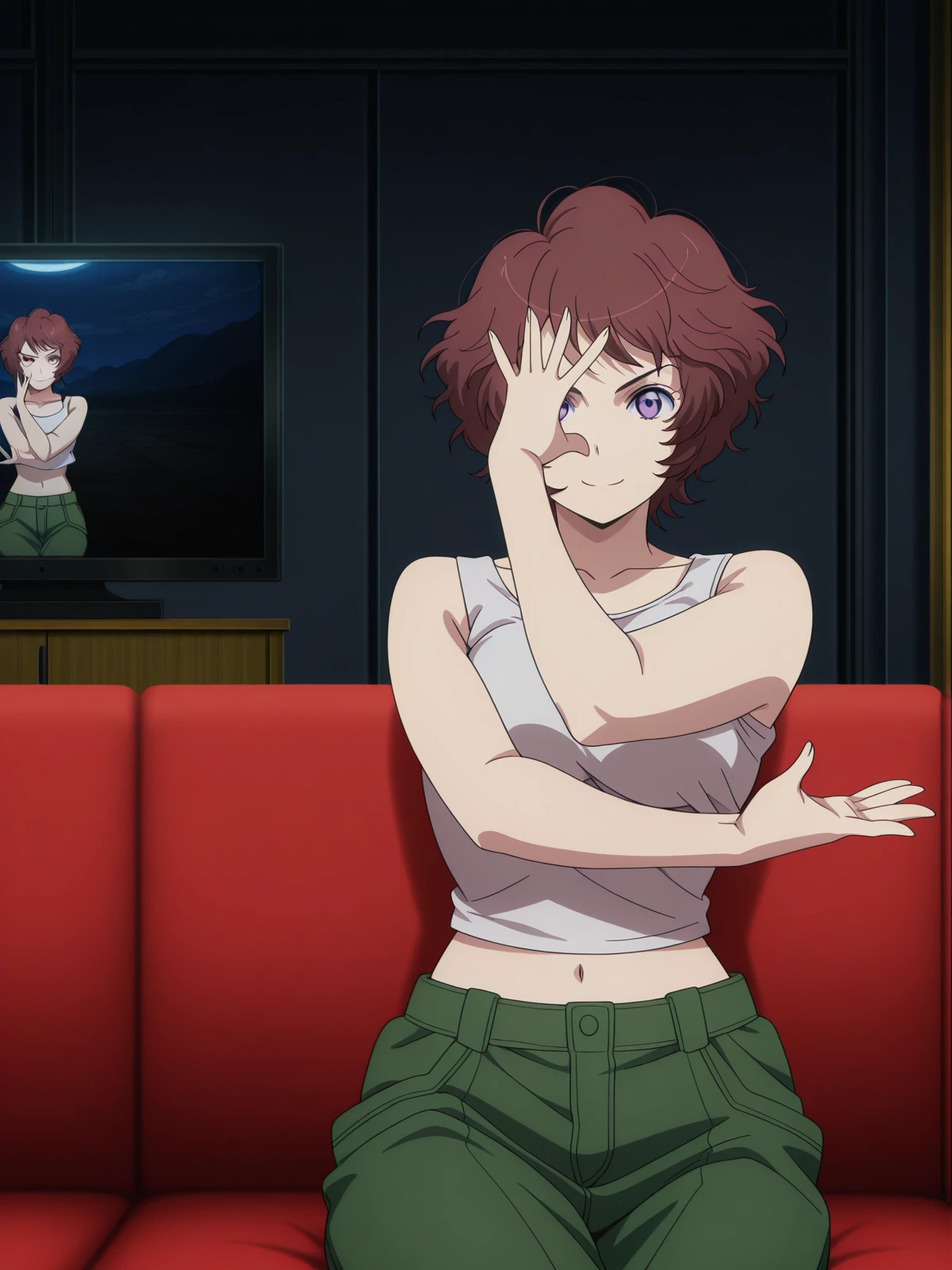 masterpiece, best quality, amazing quality,, <lora:rayet-areash-s1-illustriousxl-lora-nochekaiser:1>, rayet areash, short hair, brown hair, purple eyes, red hair, medium breasts, anime screencap,, collarbone, midriff, tank top, jumpsuit, <lora:kars-pose-illustriousxl-lora-nochekaiser:1>, kar's pose, solo, jojo pose, hands up, straight-on, looking at viewer, smile, open hands,, living room, television, couch, popcorn, watching movie, night time, sitting, cowboy shot, solo, looking at viewer,