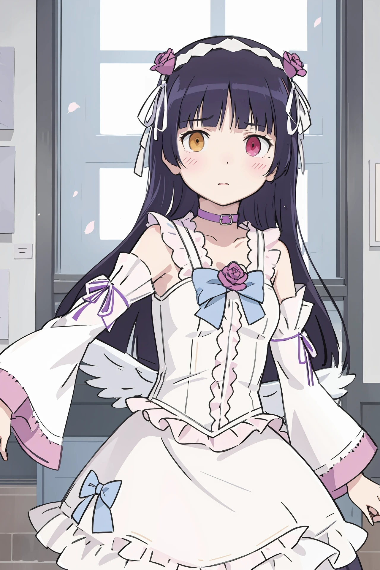 (best quality, masterpiece:1.2), <lora:Char-Gokou_Ruri-V1-SD1.5:0.9:hr=0.6>, 1girl, solo, gokou ruri, heterochromia, white flower hairband, purple choker, white frilled sleeveless dress, low wings, white detached sleeves, cowboy shot, looking at viewer, dancing, art gallery, museum, indoors, depth of field