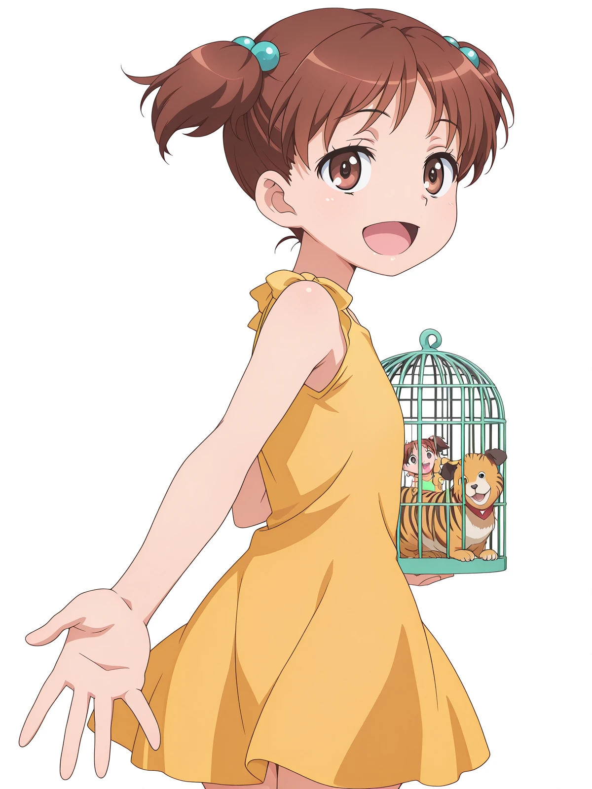 masterpiece, best quality, amazing quality,, <lora:kana-hazamaya-s1-illustriousxl-lora-nochekaiser:1>, kana hazamaya, short hair, brown hair, hair ornament, twintails, brown eyes, hair bobbles, short twintails, anime screencap, dress, sleeveless, yellow dress, <lora:looking-back-reaching-towards-viewer-illustriousxl-lora-nochekaiser:1>, looking back reaching towards viewer, looking at viewer, smile, looking back, open mouth, reaching towards viewer, beach, half-closed eyes, cowboy shot, sunset, zoo, animals, cages, visitors, park, cowboy shot, solo, looking at viewer, <lora:transparent-background-illustriousxl-lora-nochekaiser:1>, transparent background, simple background, white background