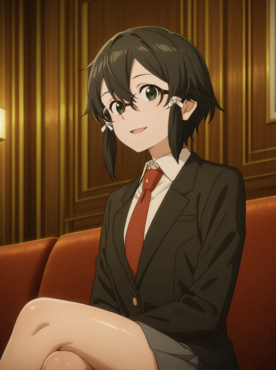 masterpiece, best quality, amazing quality, very aesthetic, absurdres, newest,shiny skin,anime screenshot, anime_coloring <lora:sinonSAO:1>AsadaSinon, 1girl, glasses, red necktie, hair ribbon, collared shirt, black jacket, sidelocks, hair between eyes, looking at viewer, black eyes, white ribbon, open mouth, black hair, upper body, white shirt, drinking straw, indoors, wing collar, short hair sitting crossed legs, smile pleated skirt, solo