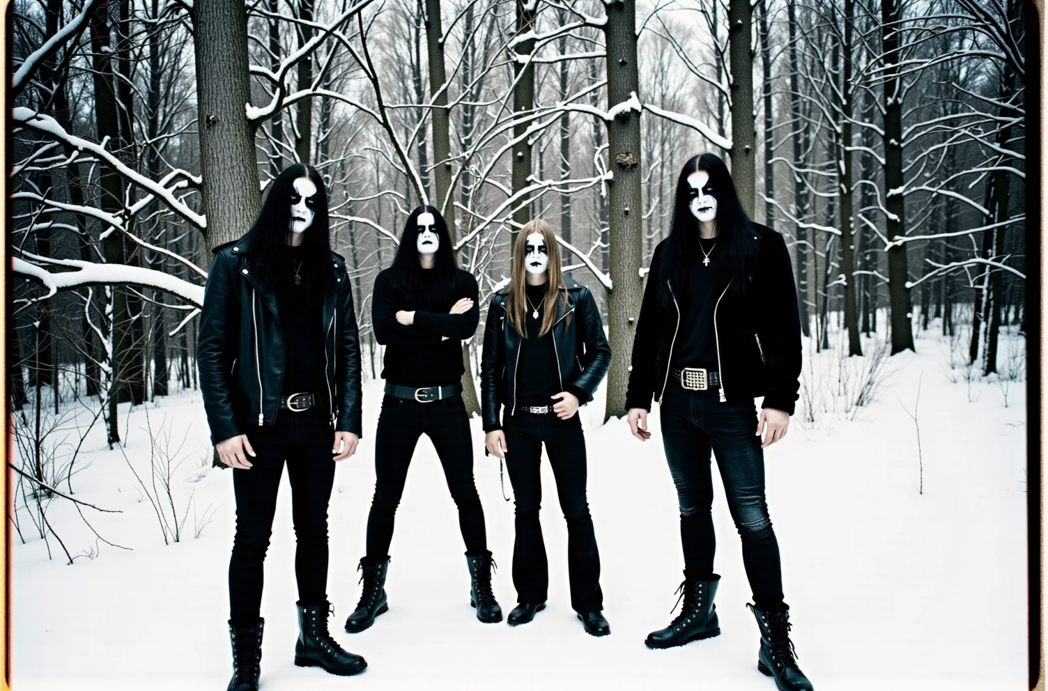 Band photo. An overdeveloped polaroid photo of a black metal group, wearing corpse paint, posing in the snowy forest