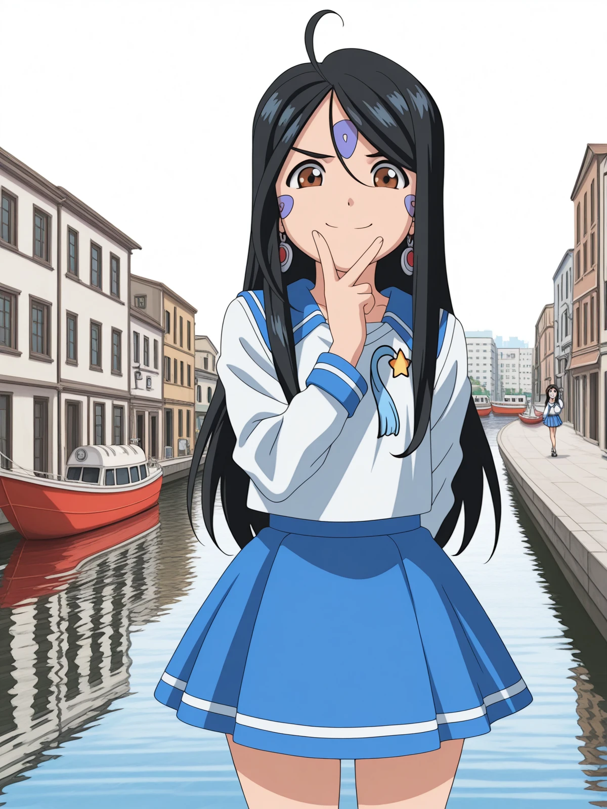 masterpiece, best quality, amazing quality,, <lora:skuld-s2-illustriousxl-lora-nochekaiser:1>, skuld, long hair, black hair, ahoge, facial mark, hair between eyes, brown eyes, anime screencap,,  serafuku, sailor collar, blue sailor collar, skirt, blue skirt, long sleeves,, v, v over mouth, smug,, canal, water, boats, city, narrow, cowboy shot, solo, looking at viewer, <lora:transparent-background-illustriousxl-lora-nochekaiser:1>, transparent background, simple background, white background