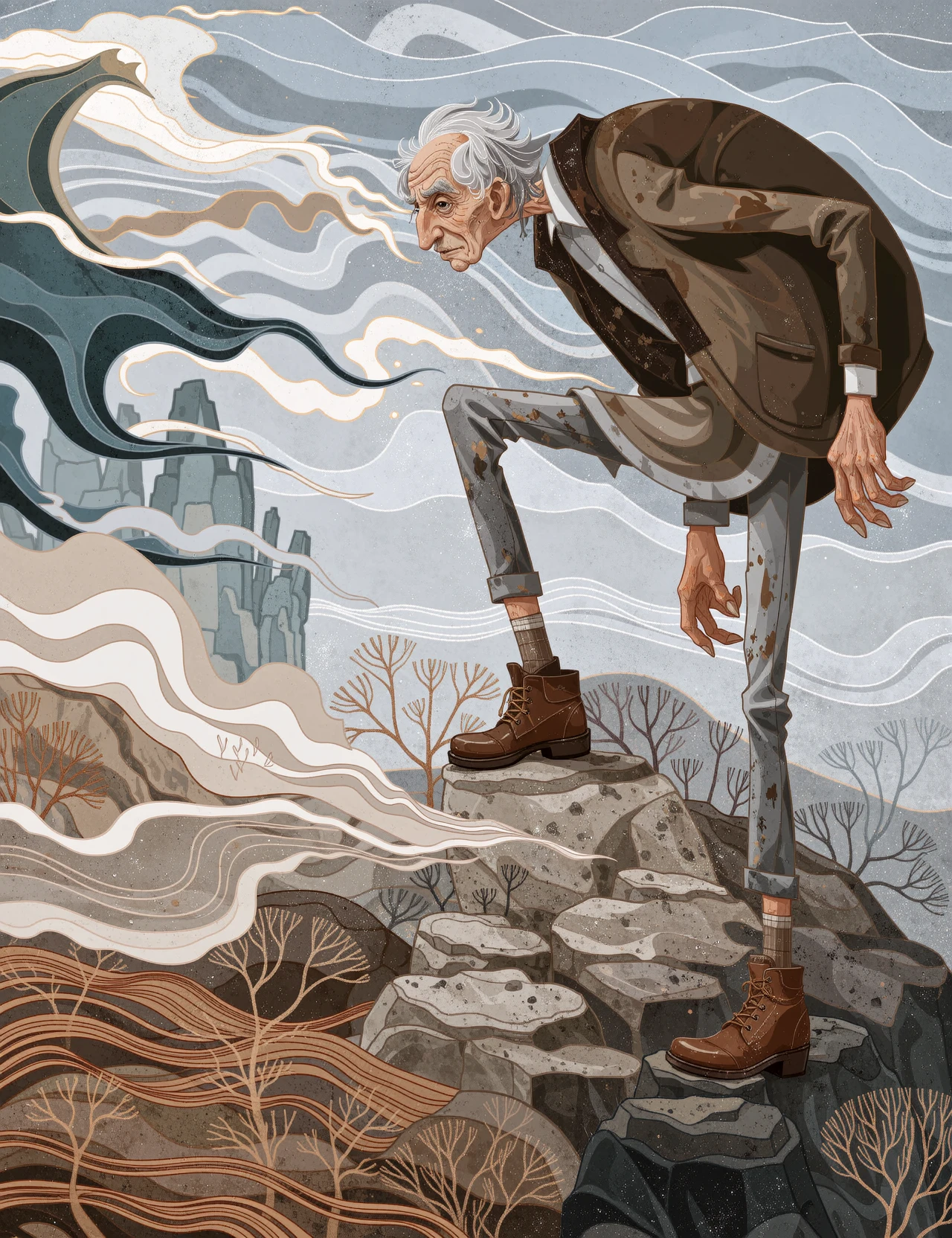 Whimsical, storybook-inspired folk art with flowing, dreamlike details. In a low-angle, full-body shot, an elderly man with a slender build and liver-spotted, matte-finished skin stands atop a weathered granite boulder, his weight shifted onto his right leg. His worn, brown leather oxfords are planted firmly on the rock's surface, and his left leg is bent slightly, with the foot resting on a lower outcropping. His eyes
