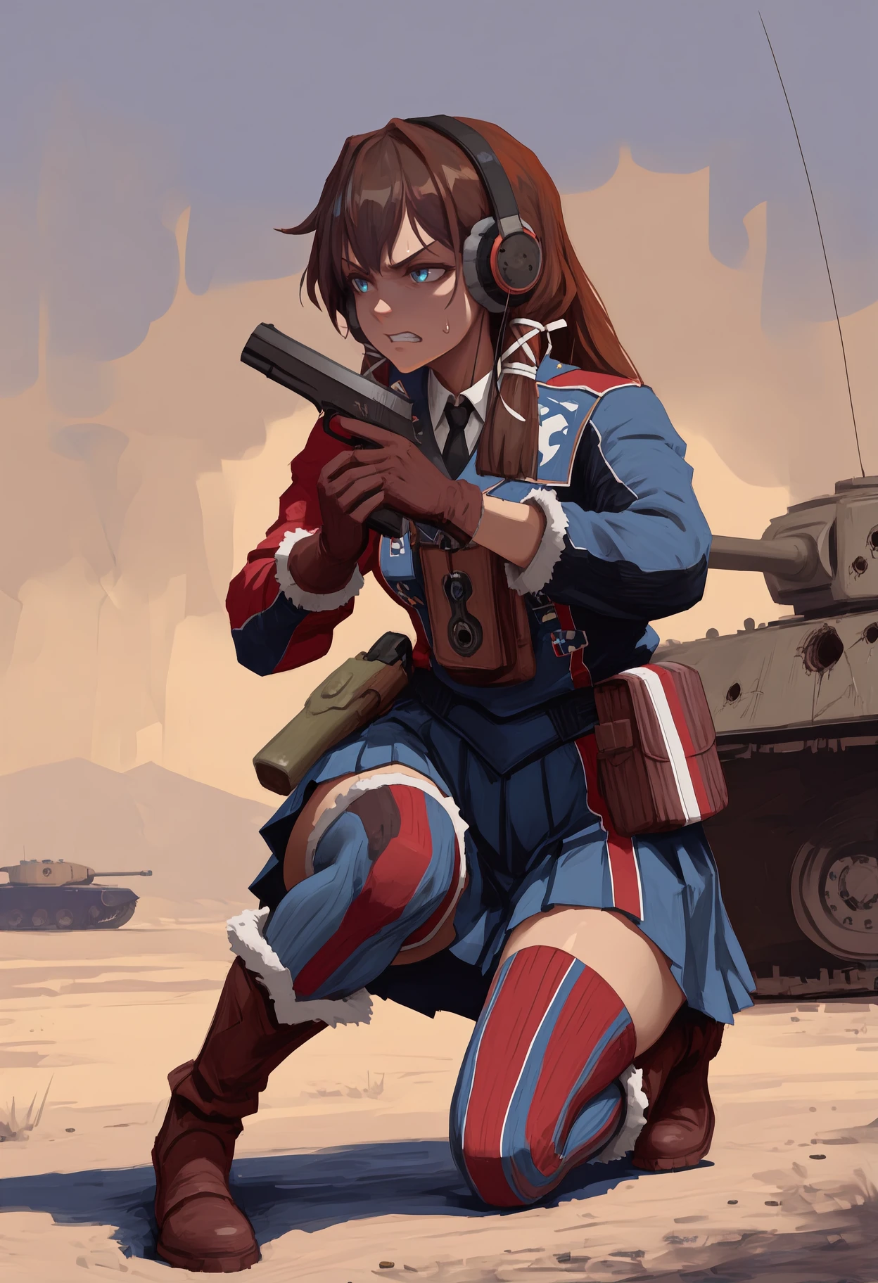 newest, painterly, full body, solo, 1girl, sweatdrop, clenched teeth, looking away, on one knee, holding gun, handgun, m1911, long hair, brown hair, hair ribbon, tress ribbon, white ribbon, headphones, blue eyes, v-shaped eyebrows, military uniform, two-tone jacket, blue jacket, red jacket, long sleeves, white shirt, collared shirt, black necktie, brown gloves, fur-trimmed gloves, blue skirt, pleated skirt, pouch, vertical-striped thighhighs, blue thighhighs, red thighhighs, brown footwear, fur-trimmed boots, outdoors, military vehicle, tank, bullet hole
<segment:yolo-Anzhc Face seg 640 v3 y11n.pt,0.5,0.5//cid=11>