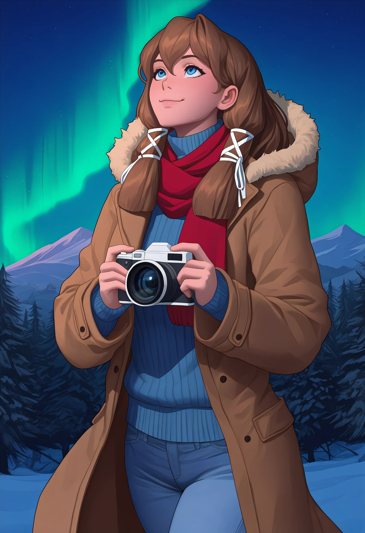 newest, solo, 1girl, smile, looking up, walking, holding camera, long hair, brown hair, hair ribbon, tress ribbon, white ribbon, blue eyes, winter clothes, brown coat, fur-trimmed hood, hood down, open coat, long sleeves, blue sweater, ribbed sweater, turtleneck sweater, blue pants, jeans, red scarf, outdoors, night, aurora, nature, tree, mountainous horizon
<segment:yolo-Anzhc Face seg 640 v3 y11n.pt,0.5,0.5//cid=11>