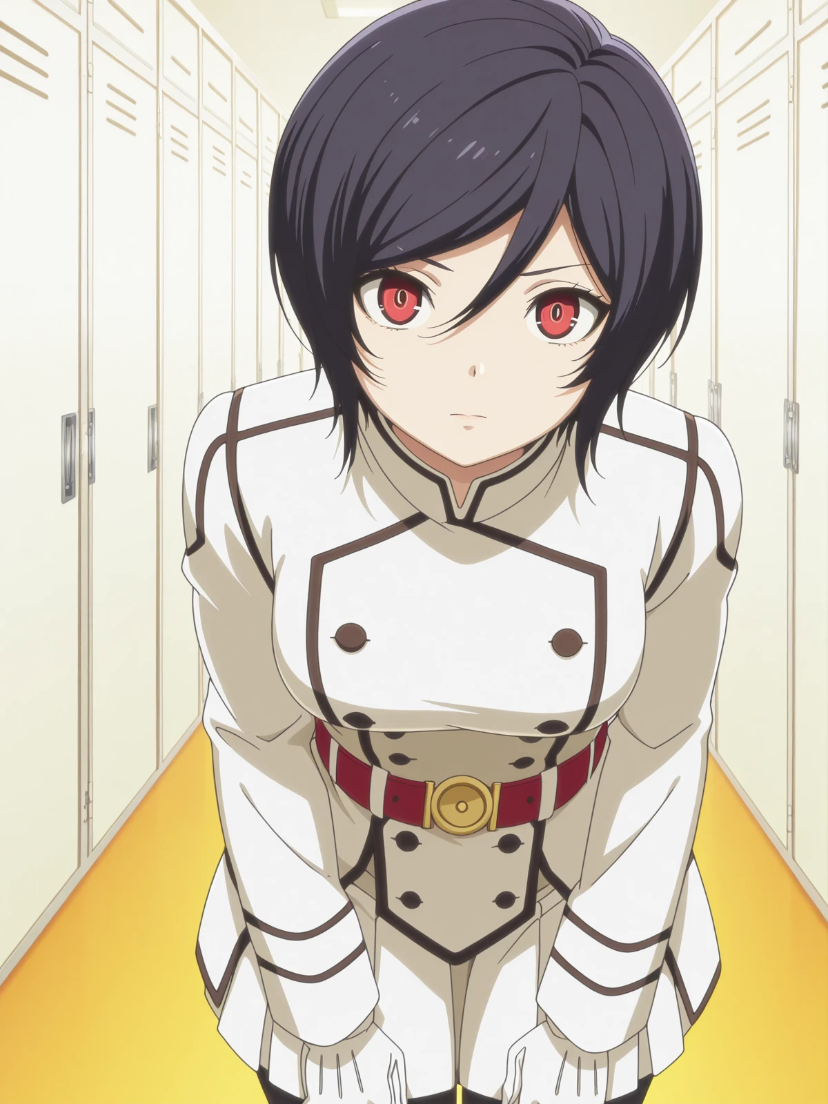 masterpiece, best quality, amazing quality,, <lora:akudama-apprentice-s1-illustriousxl-lora-nochekaiser:1>, apprentice, short hair, black hair, red eyes, hair between eyes, mature female, medium breasts, anime screencap, gloves, belt, white gloves, uniform, military, military uniform,, hands on own knees, school hallway, lockers, between classes, everyday life, cowboy shot, solo, looking at viewer, <lora:transparent-background-illustriousxl-lora-nochekaiser:1>, transparent background, simple background, white background