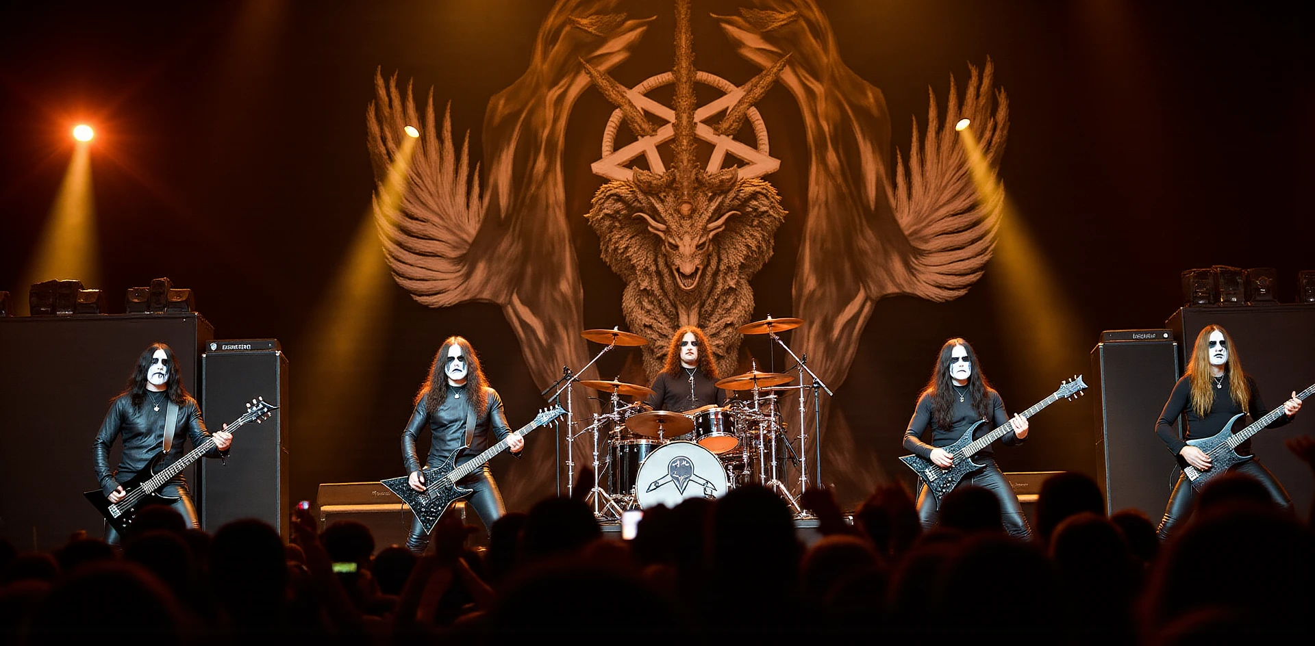 black metal band wearing corpse paint in concert, elaborate stage, drums, guitars, microphone, intense lighting, night, pyrotechnics, inverted pentagram with Baphomet background. 