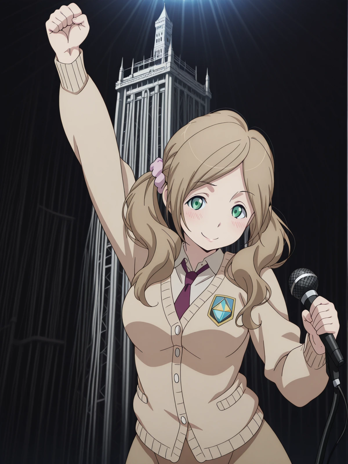 masterpiece, best quality, amazing quality,, <lora:nina-klein-s1-illustriousxl-lora-nochekaiser:1>, nina klein, long hair, brown hair, green eyes, twintails, scrunchie, mature female, medium breasts, anime screencap,, skirt, necktie, cardigan, necktie,, <lora:freddymercury-rage-pose-illustriousxl-lora-nochekaiser:1>, freddymercurys rage pose, solo, blush, smile, holding, closed eyes, arm up, microphone, holding microphone, clenched fist, dark, spotlight, upper body, tower, tall, height, view, structure, cowboy shot, solo, looking at viewer,