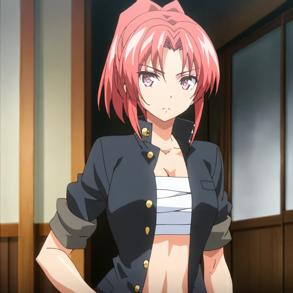 masterpiece,high score,great score,absurdres,,anime coloring,anime screenshot,1girl,solo,looking at viewer,<lora:NagisaKiryuu ag4o:1> nagisakiryuu, red hair, short hair, ponytail, pink eyes,gakuran,sleeves rolled up,sarashi,open clothes,