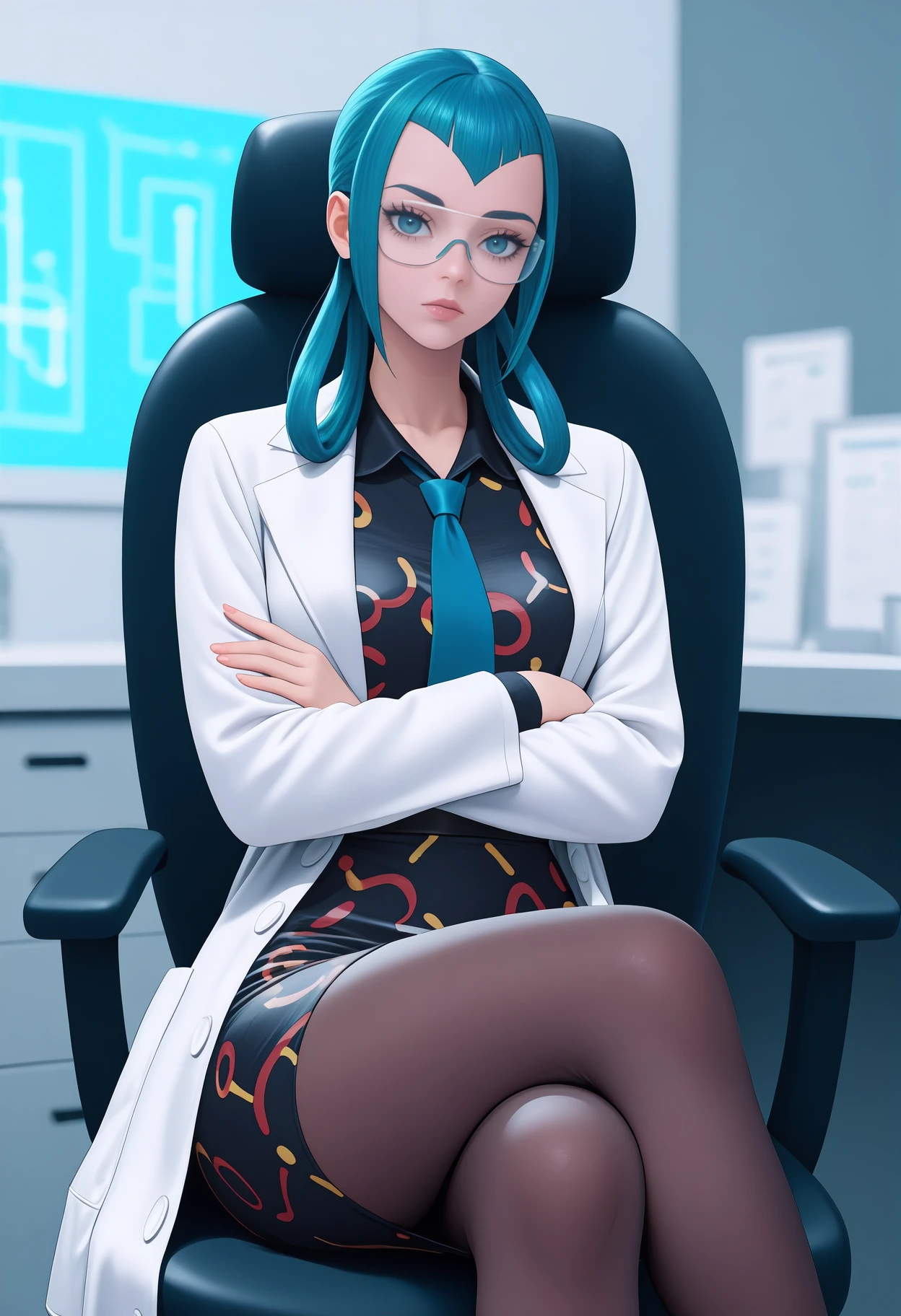 newest, solo, 1girl, expressionless, looking at viewer, sitting, office chair, crossed arms, crossed legs, long hair, blue hair, hair rings, blue eyes, eyelashes, glasses, white coat, lab coat, open coat, long sleeves, short dress, black dress, print dress, collared dress, pencil dress, blue necktie, brown pantyhose, indoors, laboratory, counter
<segment:yolo-Anzhc Face seg 640 v3 y11n.pt,0.5,0.5//cid=11>
