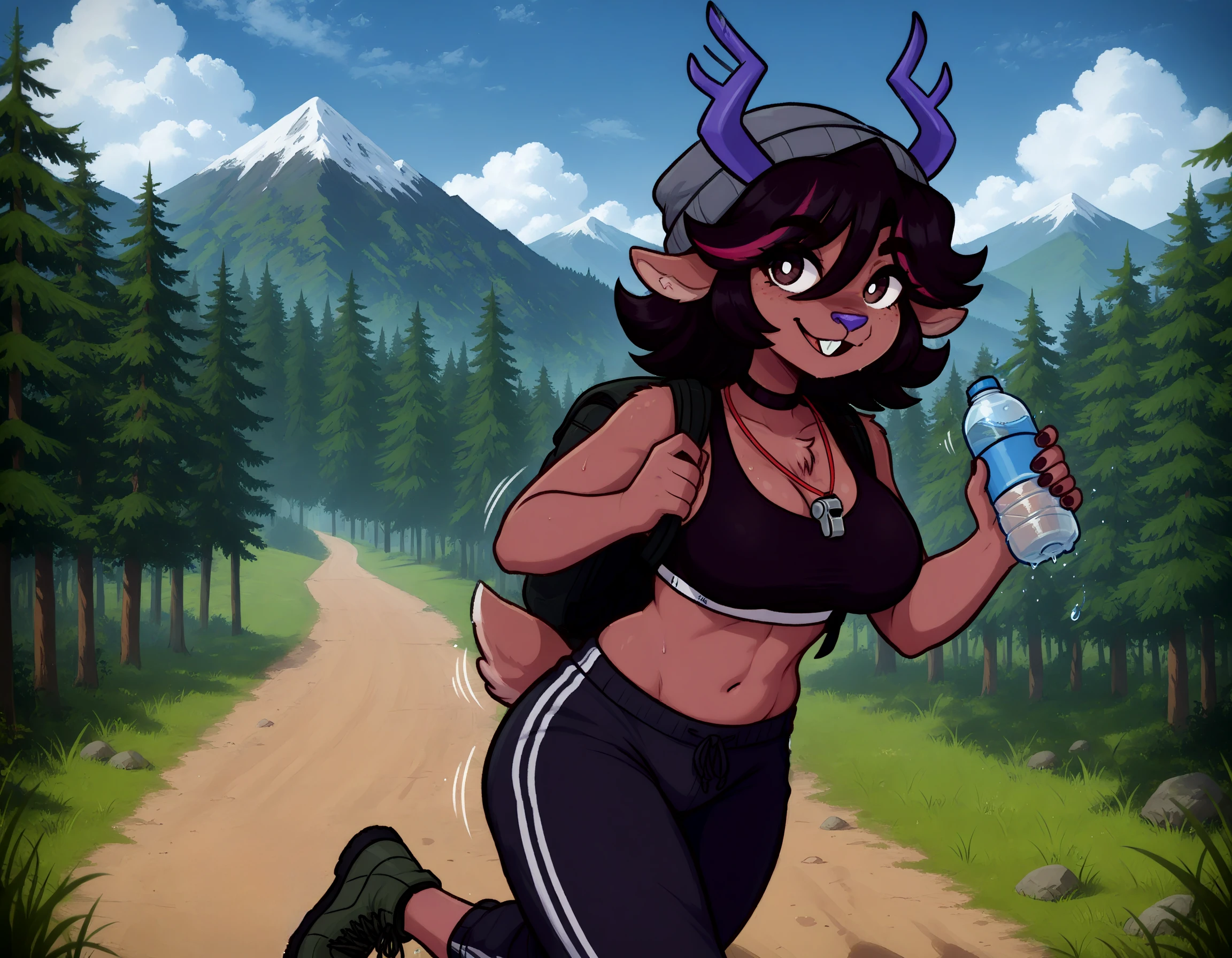 masterpiece, very awa, best quality, newest, absurdres, highres,
detailed background, outdoors, forest, mountain,
1girl, solo, december_(biguswigus),
three quarter view, looking to the side,
brown fur, black hair, medium hair, sidelocks, swept bangs, hair between eyes, brown eyes, white pupils, thick eyebrows, reindeer antlers, deer ears, deer tail, buck teeth, snout, large breasts, purple nose, animal nose,
hiking boots, track pants, sports bra, whistle around neck, jogging, backpack, motion lines, beanie, holding water bottle,
<lora:stephartslab dess 1800 steps:0.85>, <lora:bigusmixv6:0.8>