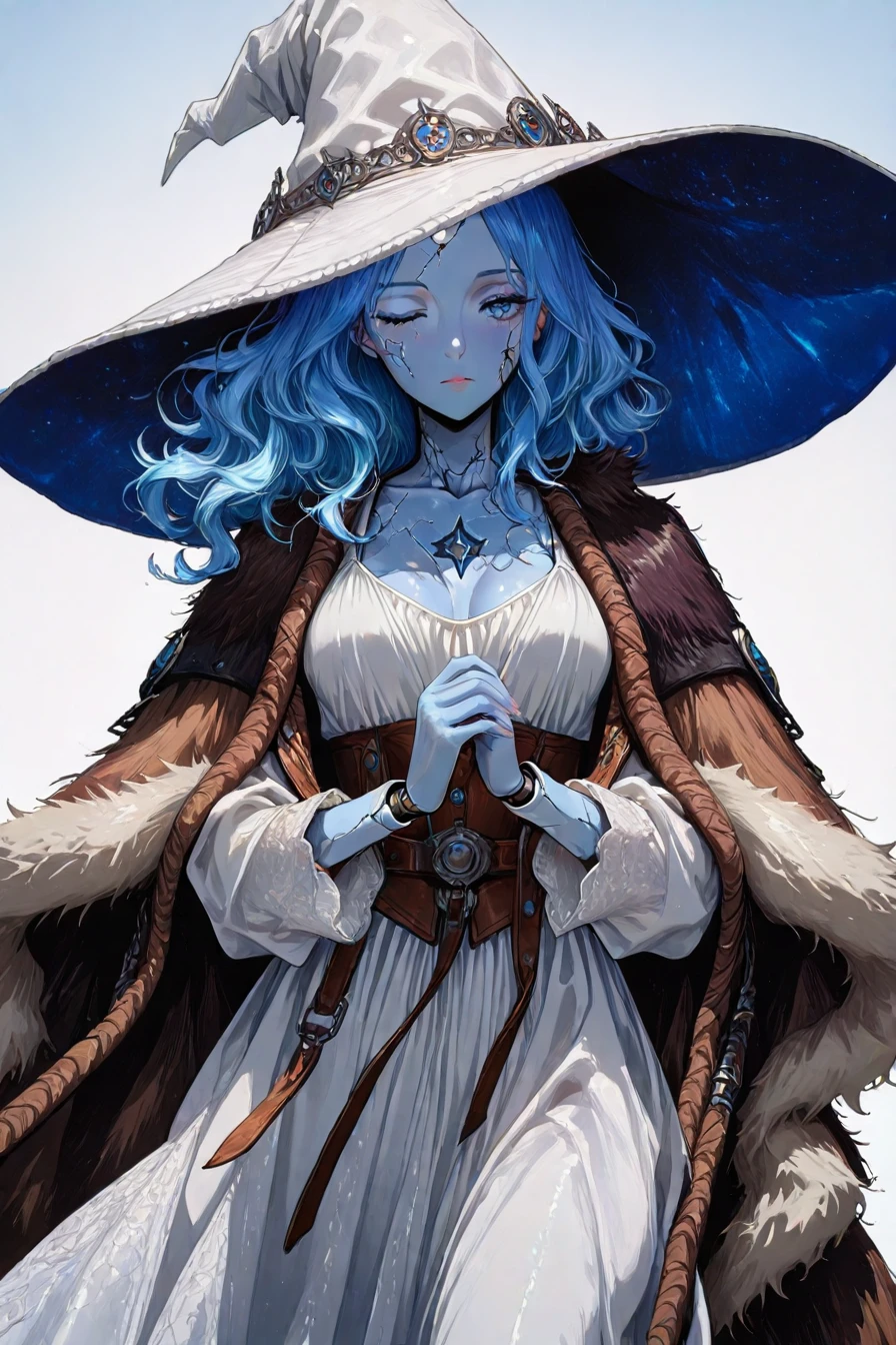 <lora:Ranni_illusXLNoobAI_Incrs_v1:0.4> RnnDef, blue eyes, one eye closed, blue hair, wavy hair, blue skin, colored skin, cracked skin, doll joints, witch hat, large hat, white headwear, white dress, long sleeves, fur cloak, brown cloak, 1girl, solo, alone,<lora:elegant_waifu_style_illustriousXL-000031:1>, elegant_waifu_style, masterpiece, highres