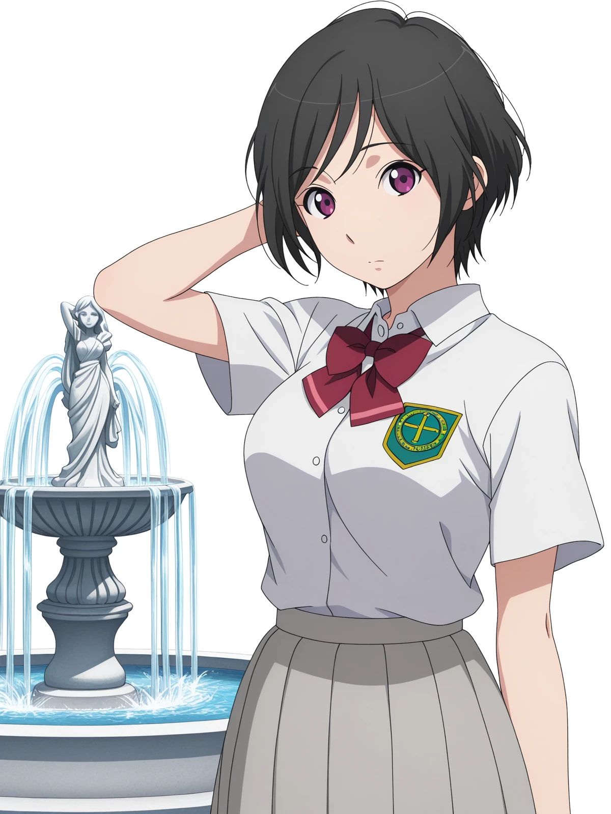 masterpiece, best quality, amazing quality,, <lora:inko-amifumi-s1-illustriousxl-lora-nochekaiser:1>, inko amifumi, short hair, black hair, purple eyes, mature female, medium breasts, anime screencap,, skirt, shirt, bow, white shirt, short sleeves, pleated skirt, bowtie, red bow, dress shirt, grey skirt, hand behind head, , fountain, water, spray, sculpture, garden, cowboy shot, solo, looking at viewer, <lora:transparent-background-illustriousxl-lora-nochekaiser:1>, transparent background, simple background, white background
