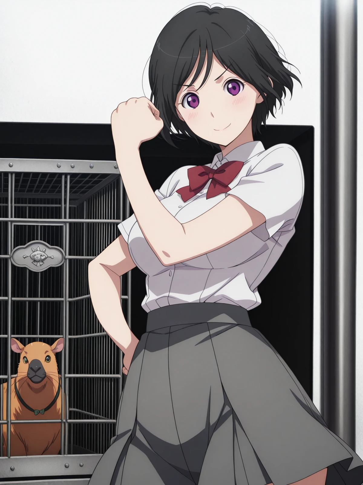 masterpiece, best quality, amazing quality,, <lora:inko-amifumi-s1-illustriousxl-lora-nochekaiser:1>, inko amifumi, short hair, black hair, purple eyes, mature female, medium breasts, anime screencap,, skirt, shirt, bow, white shirt, short sleeves, pleated skirt, bowtie, red bow, dress shirt, grey skirt, <lora:cureblack-pose-illustriousxl-lora-nochekaiser:1>, cureblack pose, solo, looking at viewer, blush, smile, cowboy shot, hand on own hip, hand up, clenched fist,, zoo, animals, cages, visitors, park, cowboy shot, solo, looking at viewer, <lora:transparent-background-illustriousxl-lora-nochekaiser:1>, transparent background, simple background, white background